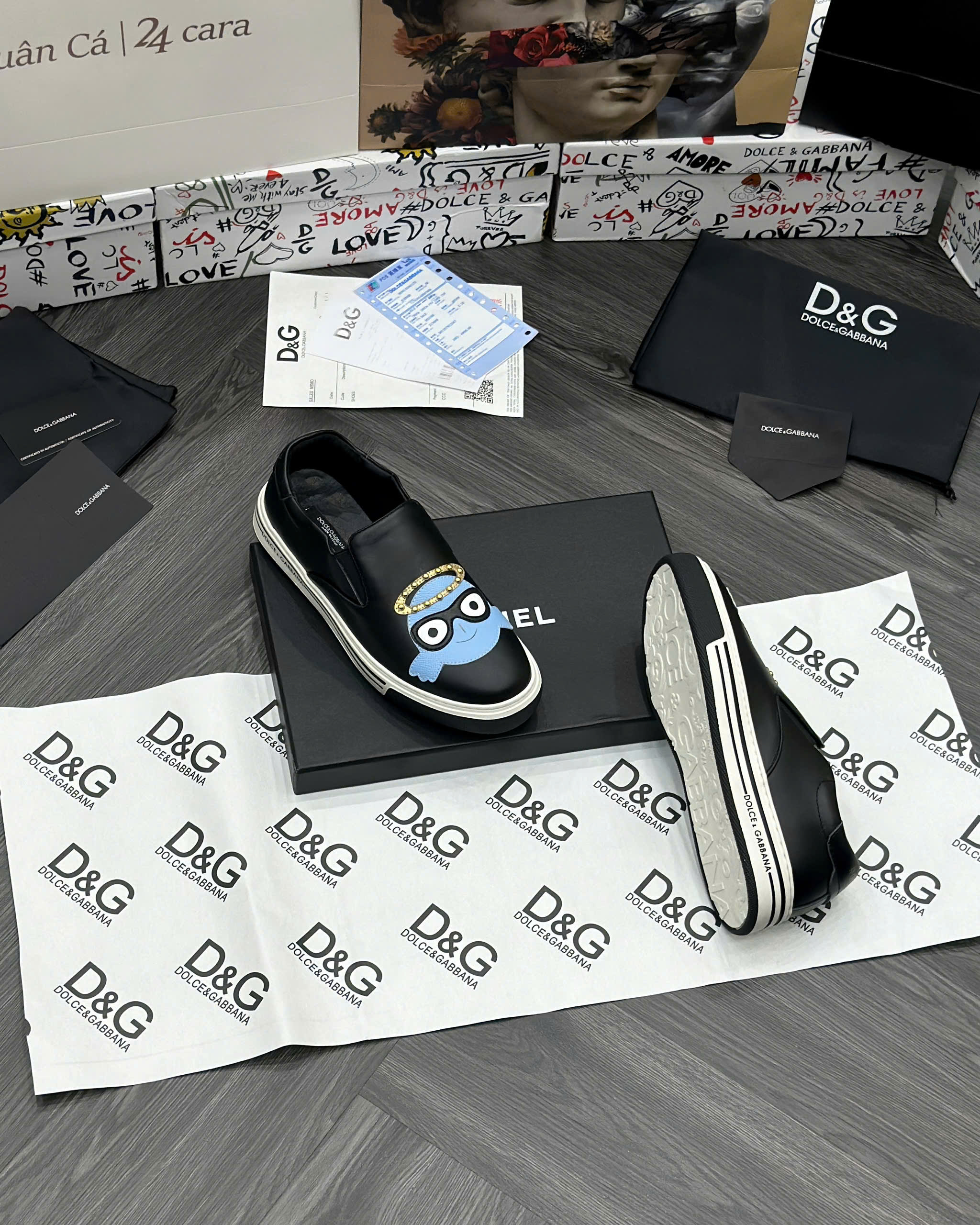 Giày slipon Dolce Gabbana DG Den logo mặt thiên thần Xanh đính đinh Like Auth fullbox MVT