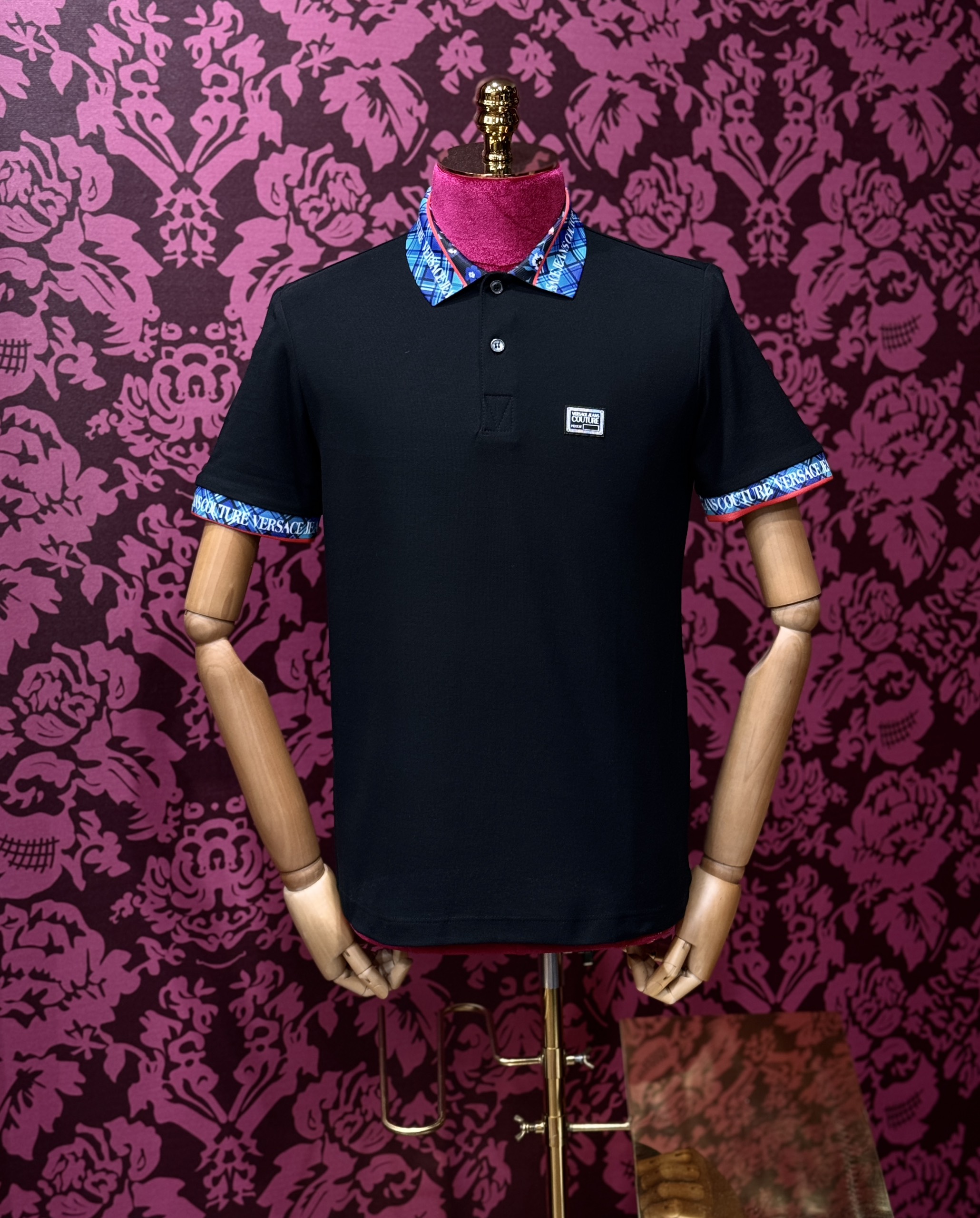 Áo polo Versace VS logo vuông ngực phối kẻ sọc Xanh cổ tay Like Auth CD