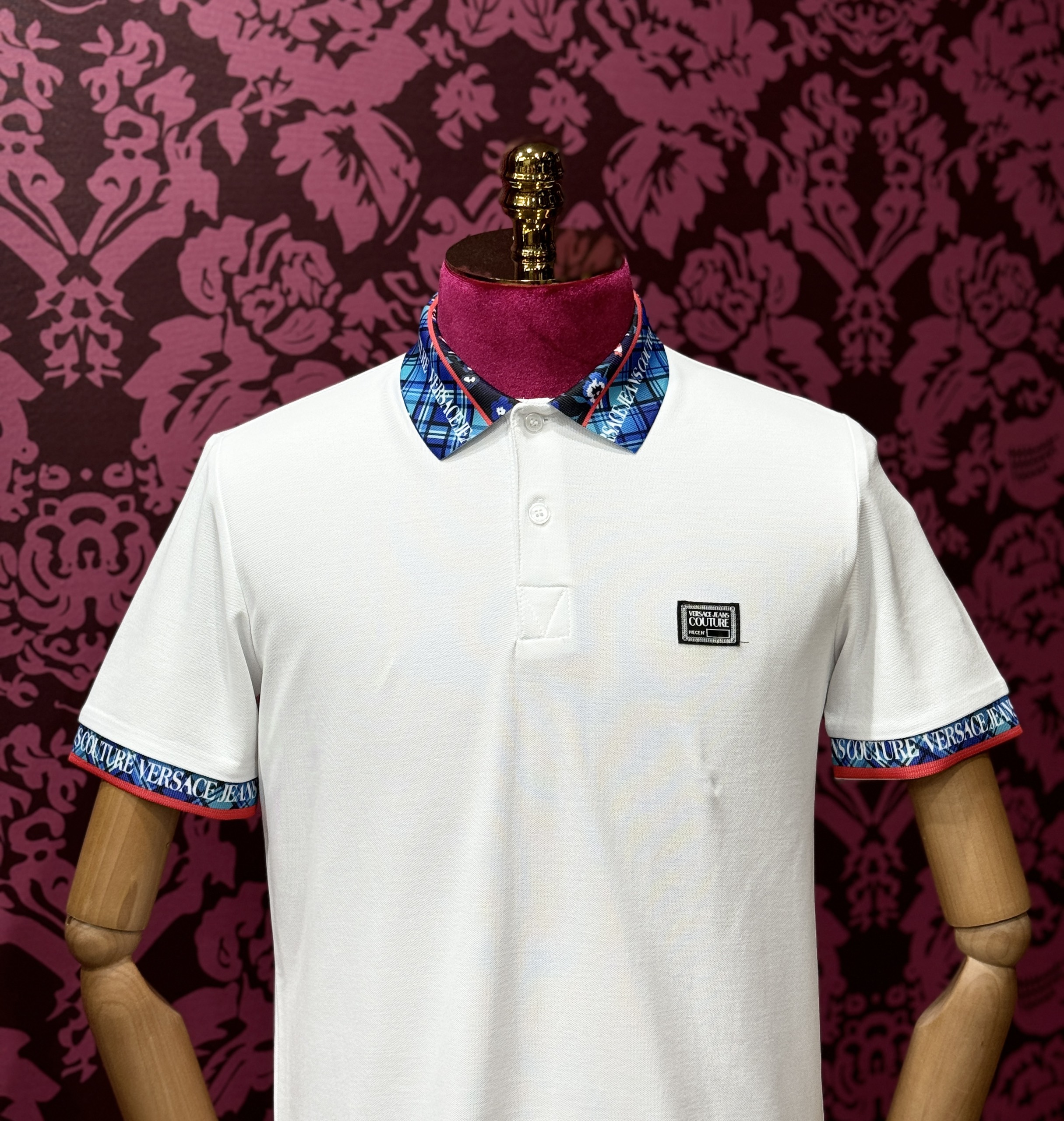 Áo polo Versace VS logo vuông ngực phối kẻ sọc Xanh cổ tay Like Auth CD