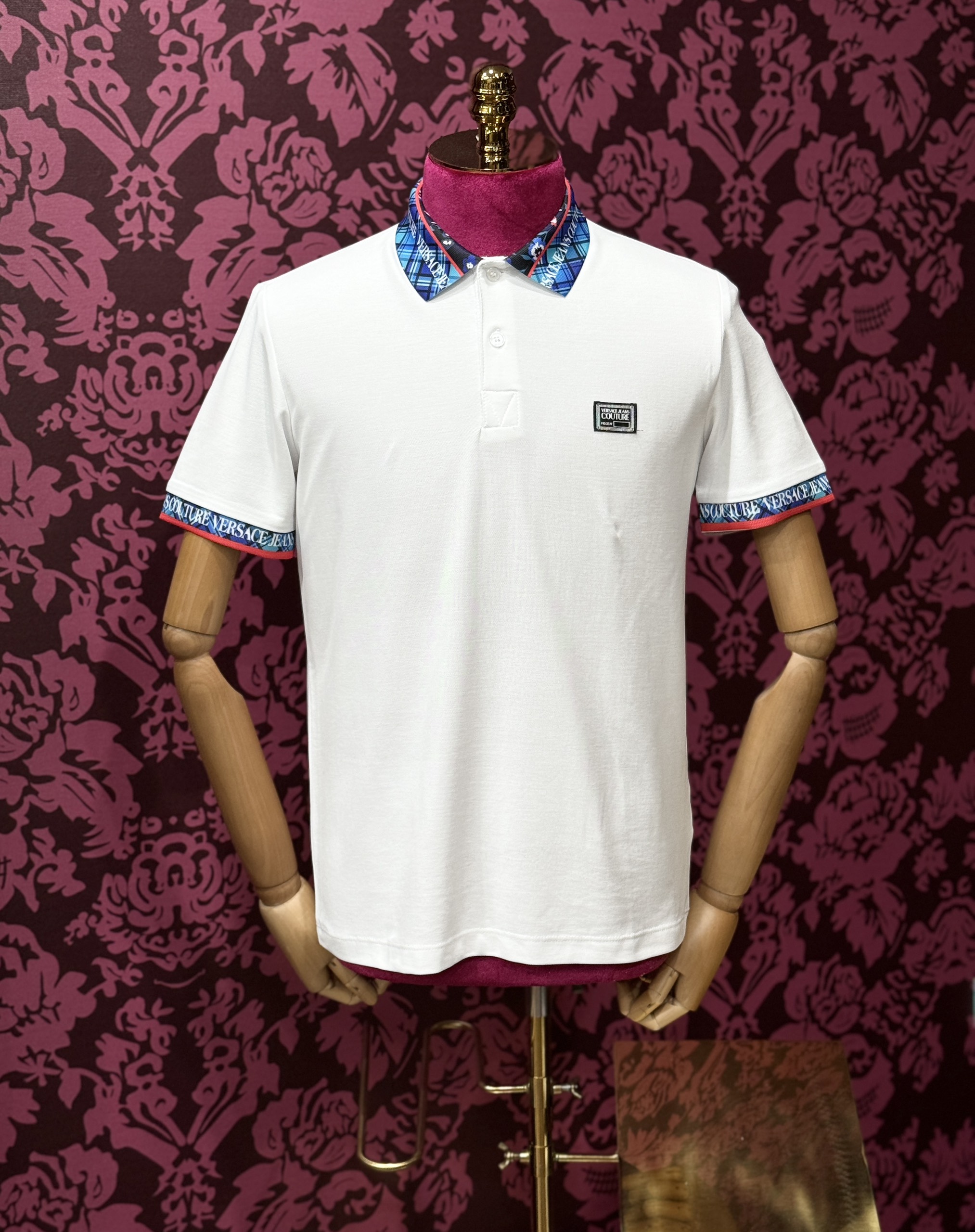 Áo polo Versace VS logo vuông ngực phối kẻ sọc Xanh cổ tay Like Auth CD