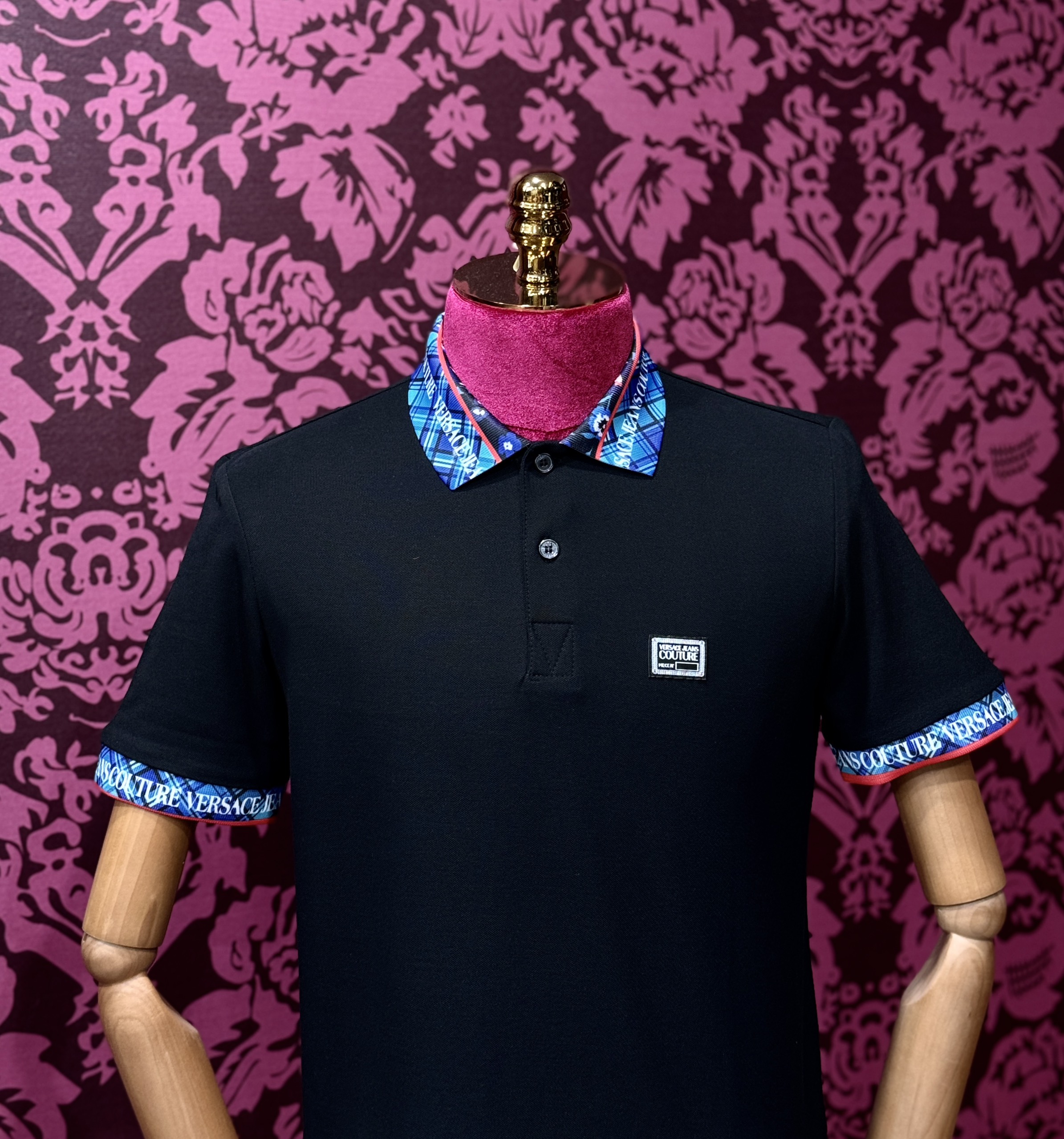 Áo polo Versace VS logo vuông ngực phối kẻ sọc Xanh cổ tay Like Auth CD