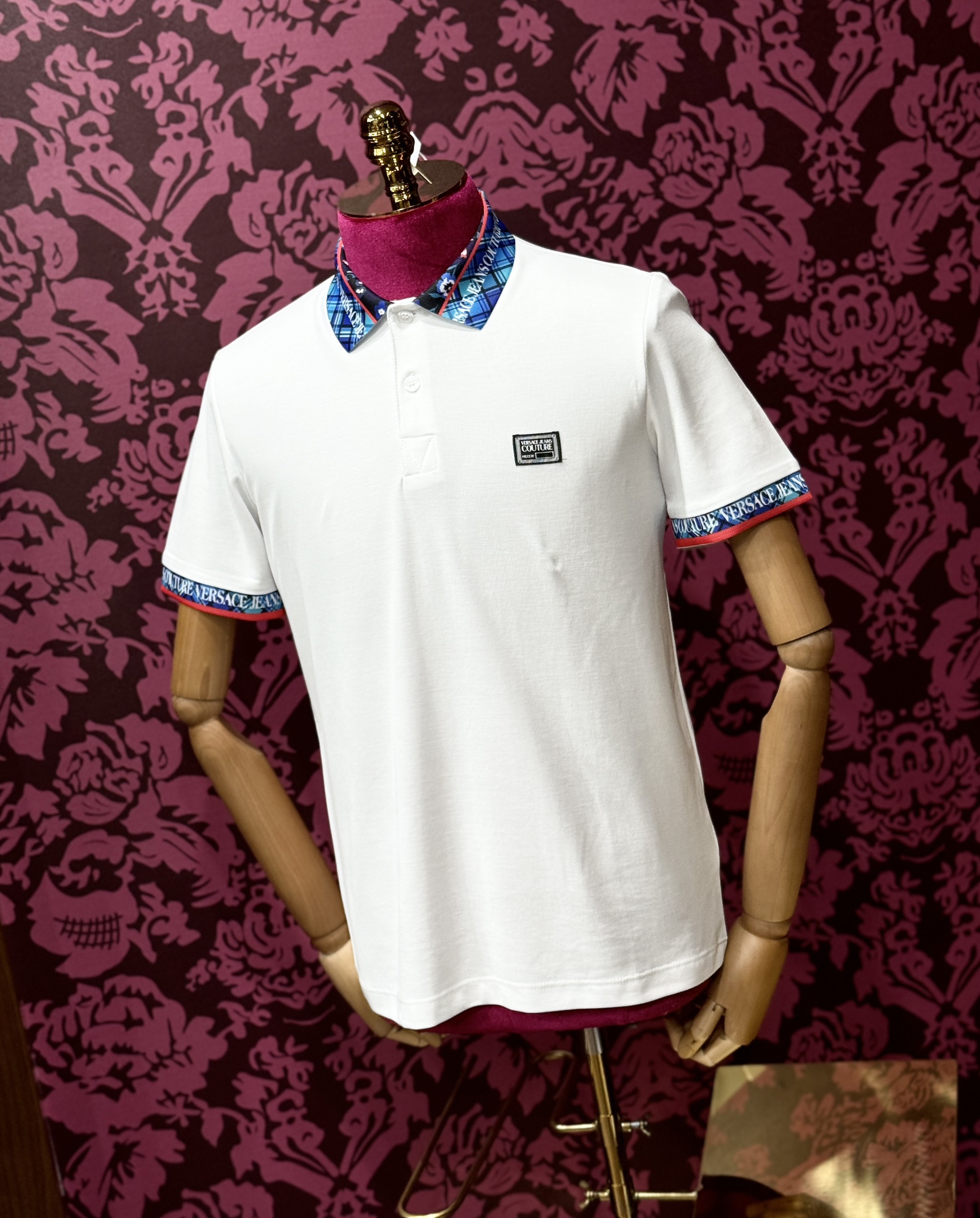 Áo polo Versace VS logo vuông ngực phối kẻ sọc Xanh cổ tay Like Auth CD