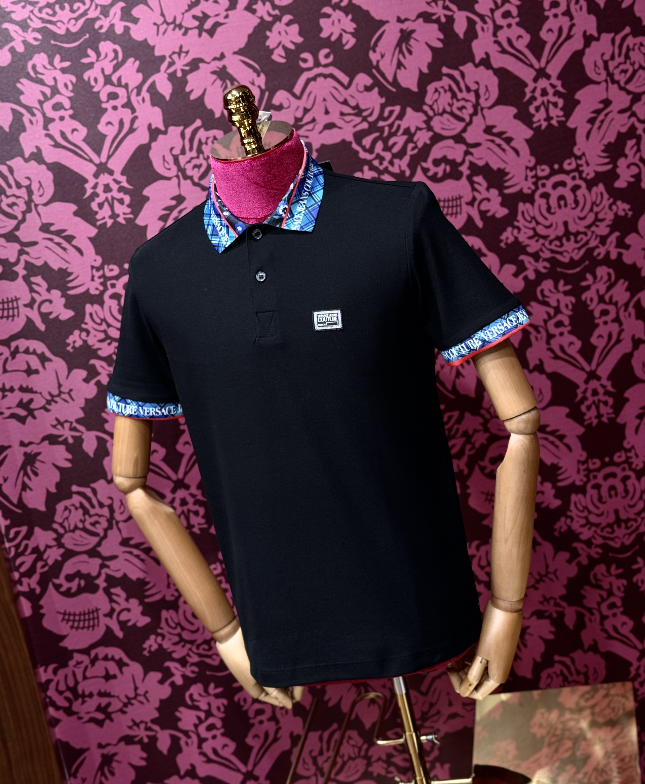 Áo polo Versace VS logo vuông ngực phối kẻ sọc Xanh cổ tay Like Auth CD