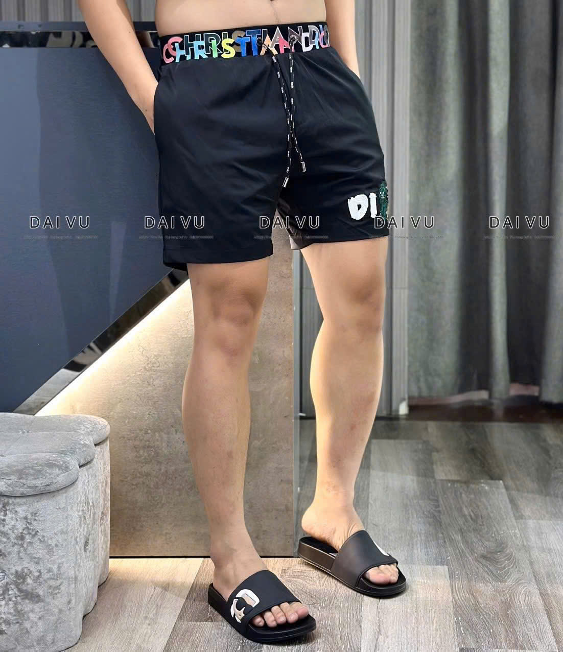 Quần short Dior CD logo chữ thêu đùi check cạp màu sắc Like Auth CD