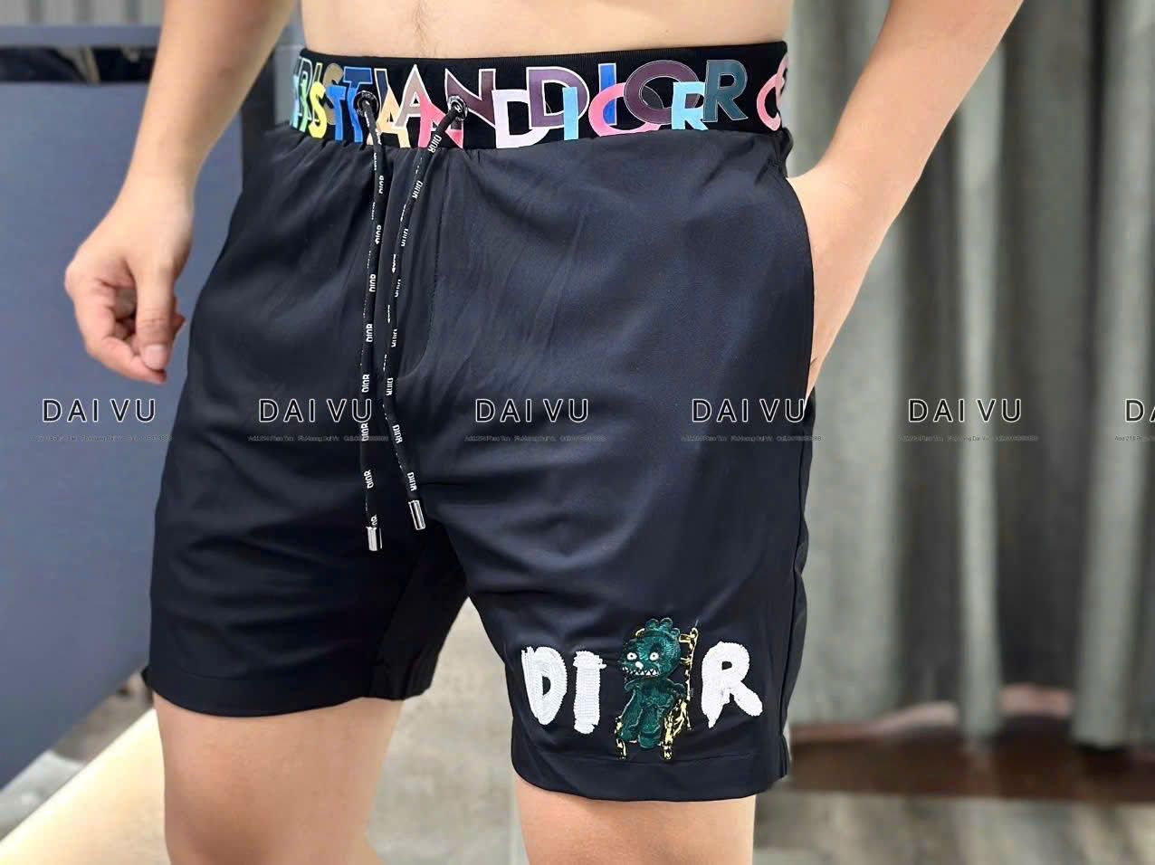 Quần short Dior CD logo chữ thêu đùi check cạp màu sắc Like Auth CD
