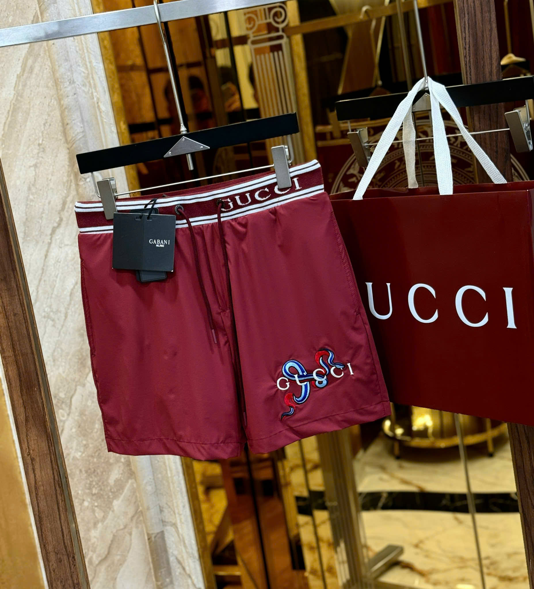 Quần short gió Gucci GC logo chữ lồng Rắn thêu nổi đùi check cạp Like Auth CD