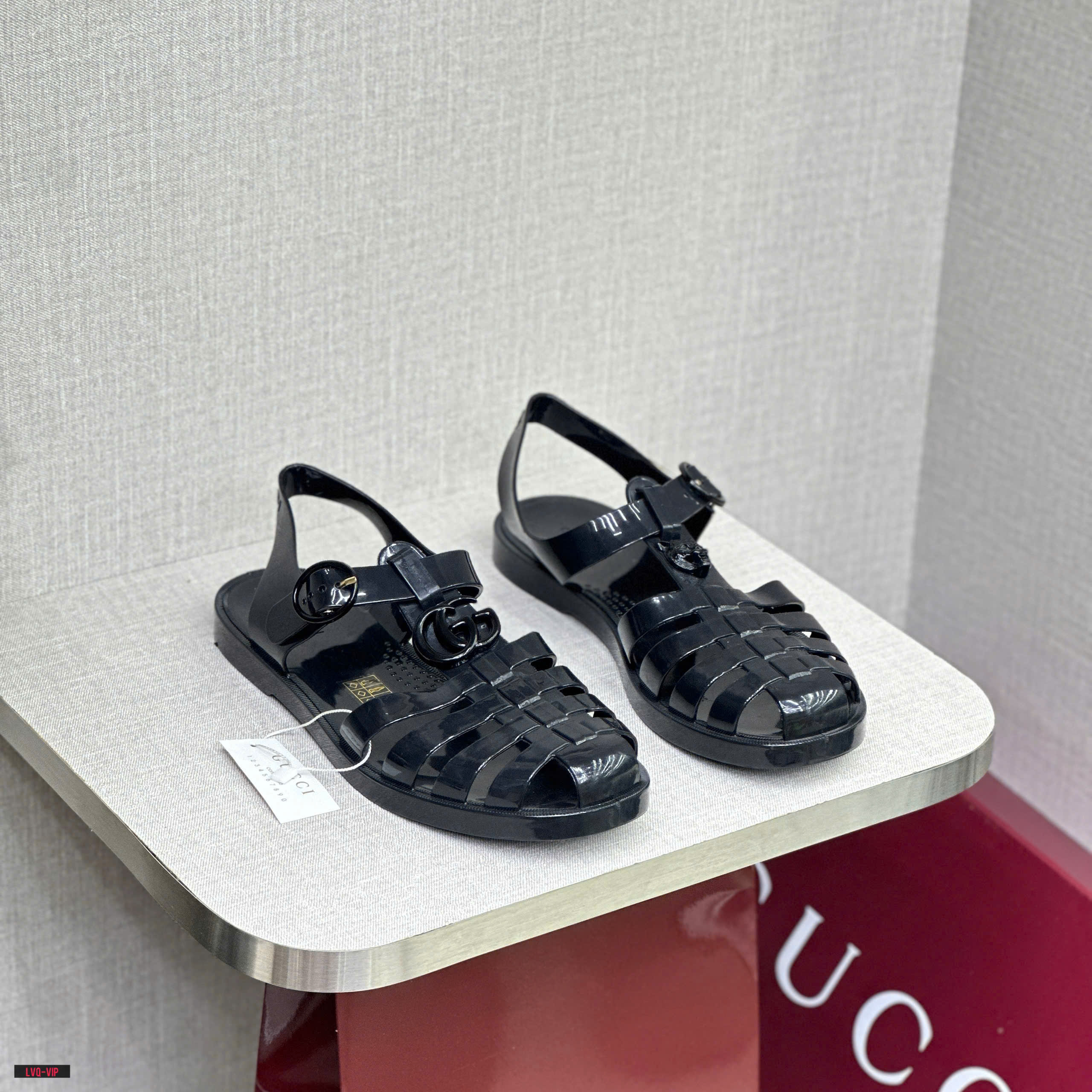 Dép sandal rọ Gucci GC Đen bóng logo Đen Like Auth fullbox LVQ