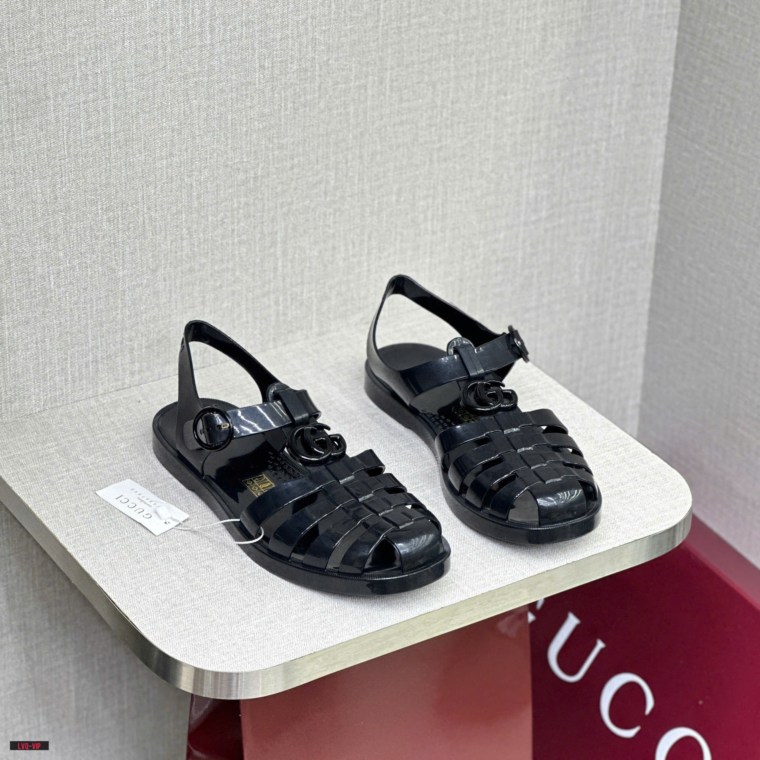 Dép sandal rọ Gucci GC Đen bóng logo GG Đen Like Auth fullbox LVQ