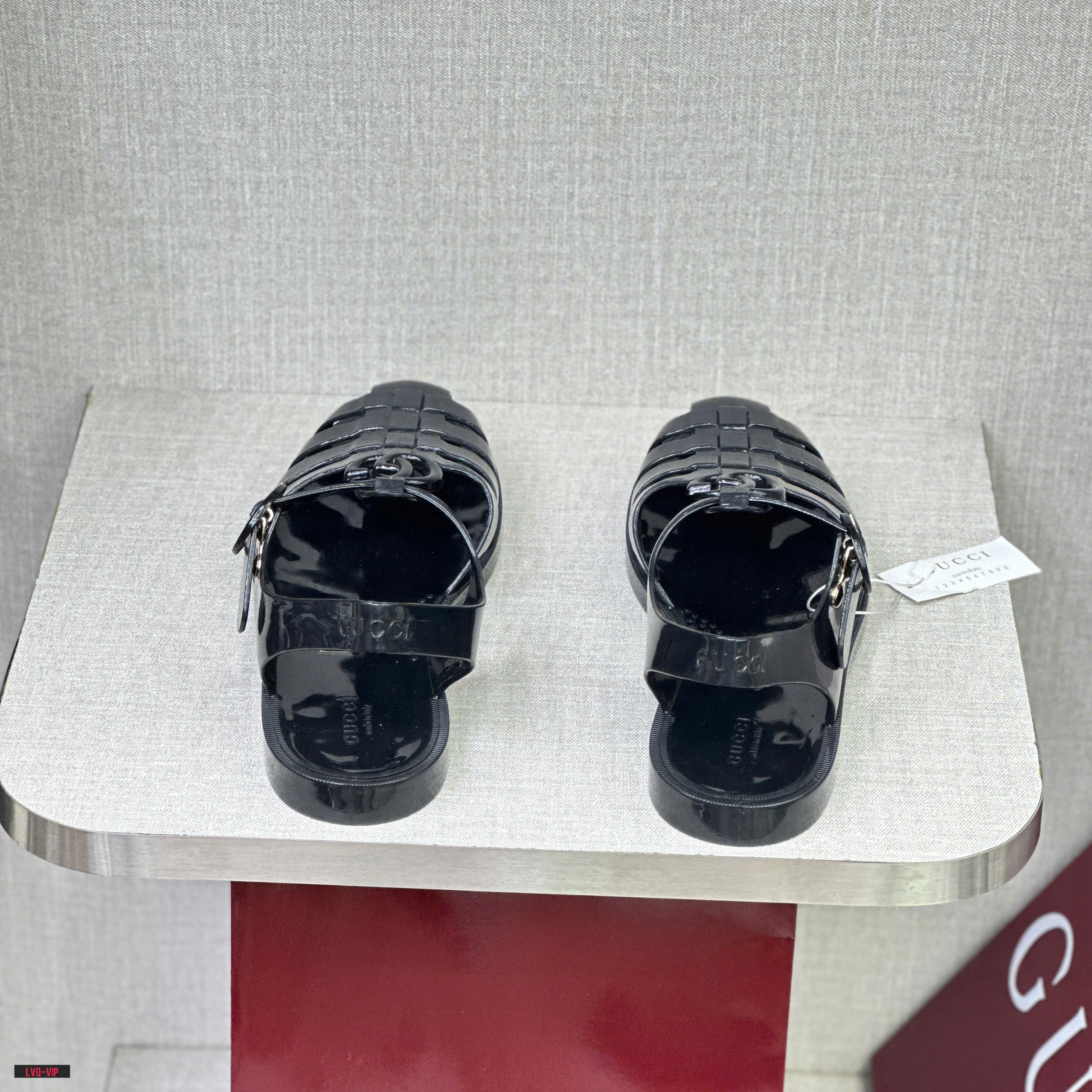 Dép sandal rọ Gucci GC Đen bóng logo GG Đen Like Auth fullbox LVQ