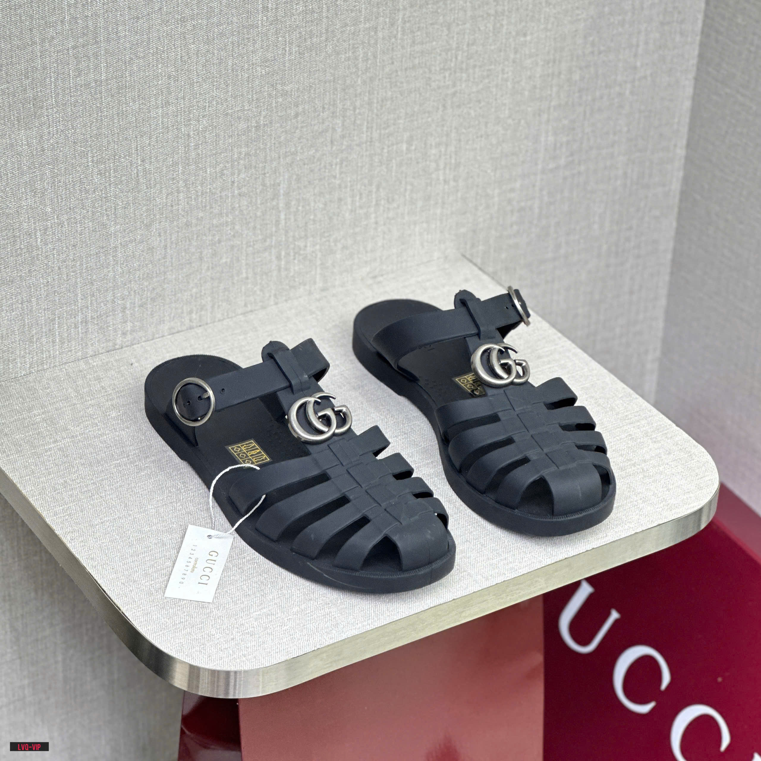 Dép sandal rọ Gucci GC Xám logo GG Bạc Like Auth fullbox LVQ