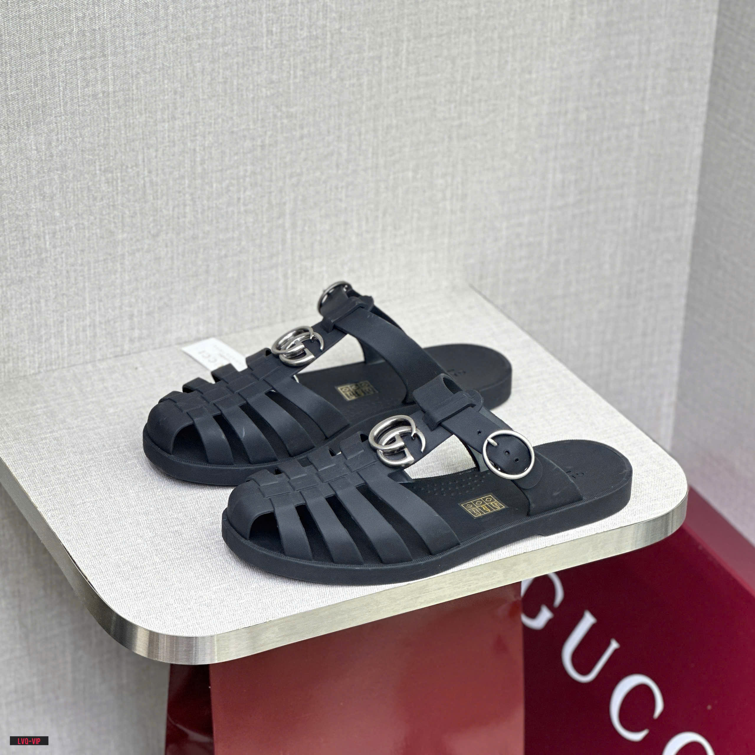 Dép sandal rọ Gucci GC Xám logo GG Bạc Like Auth fullbox LVQ