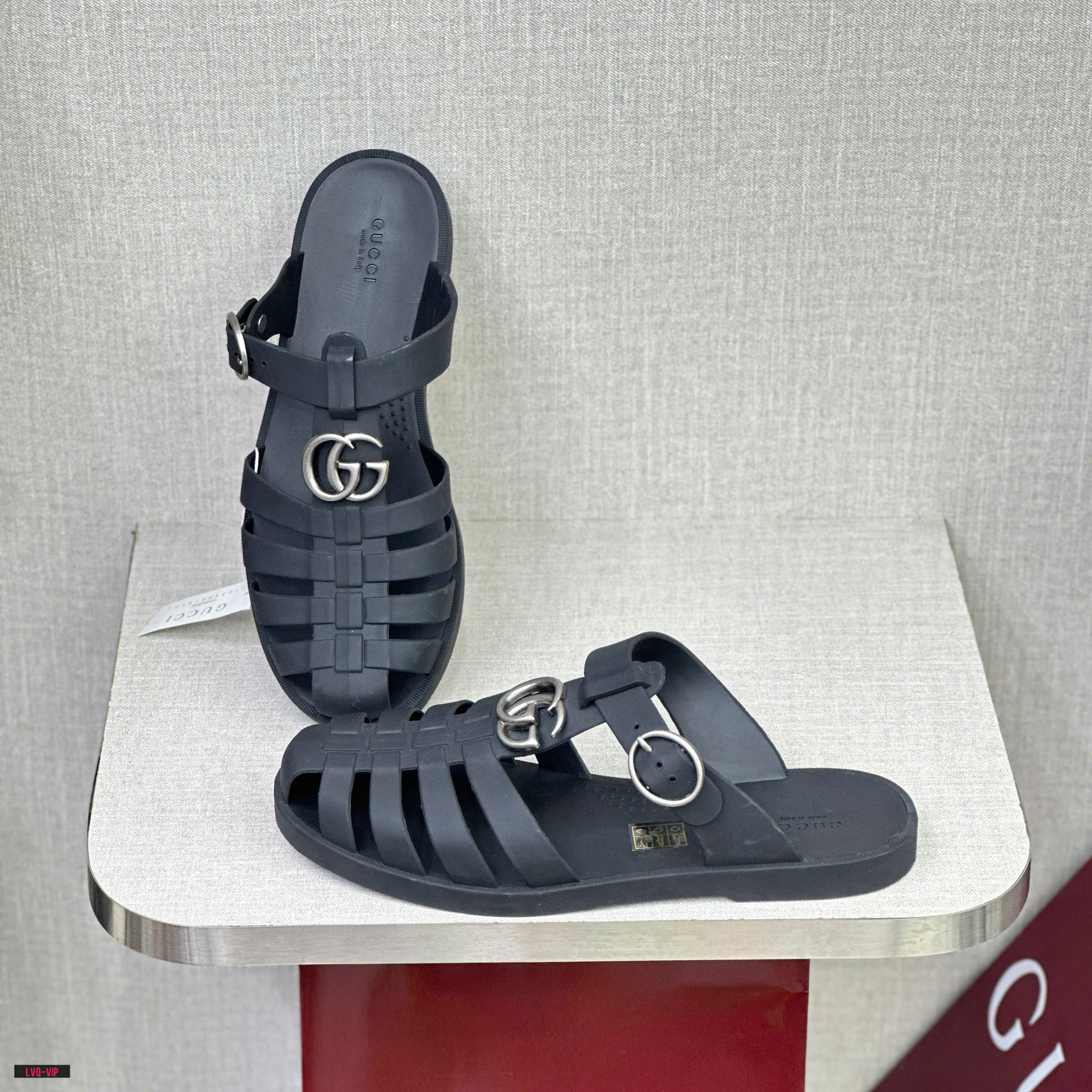 Dép sandal rọ Gucci GC Xám logo GG Bạc Like Auth fullbox LVQ