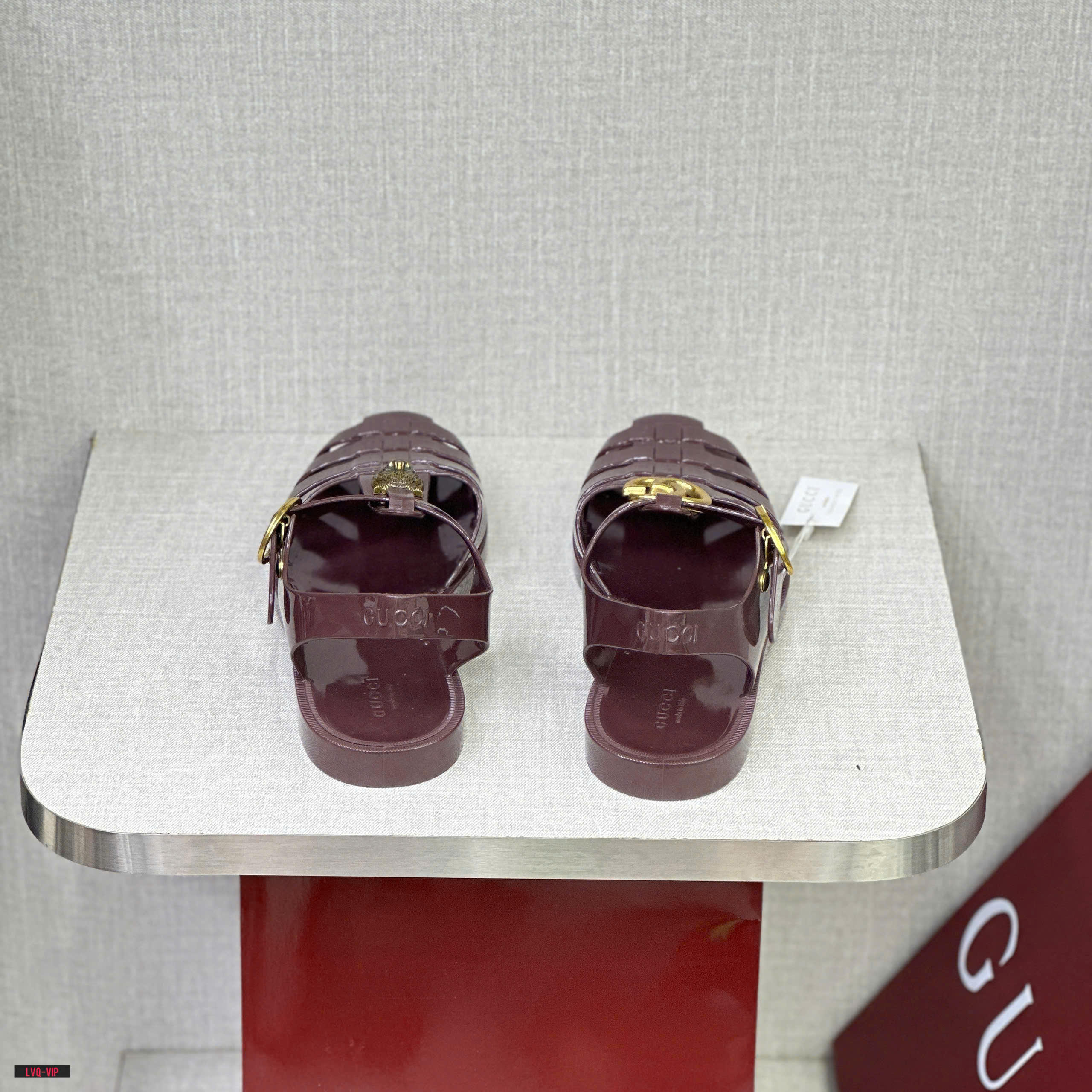 Dép sandal rọ Gucci GC Đỏ bóng logo Vàng Like Auth fullbox LVQ