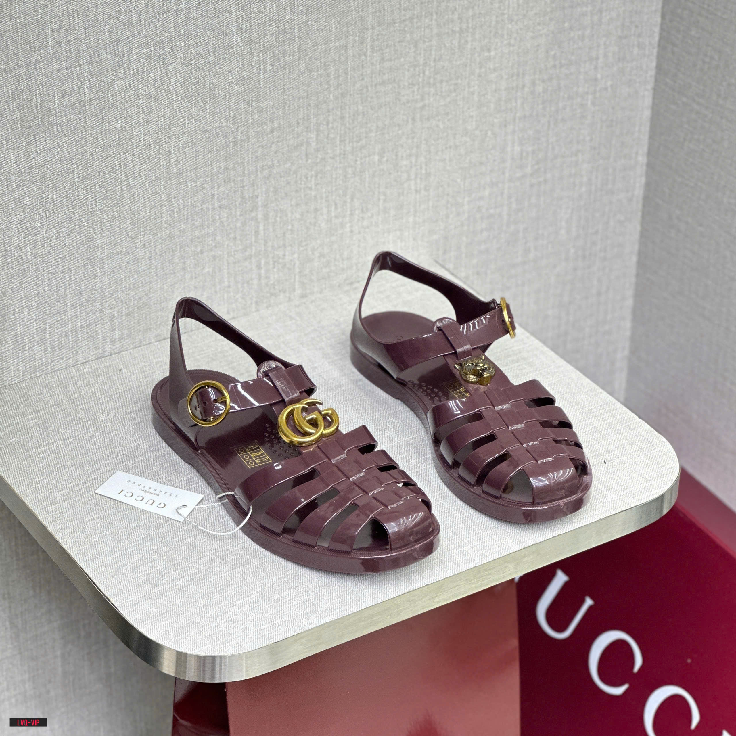 Dép sandal rọ Gucci GC Đỏ bóng logo Vàng Like Auth fullbox LVQ