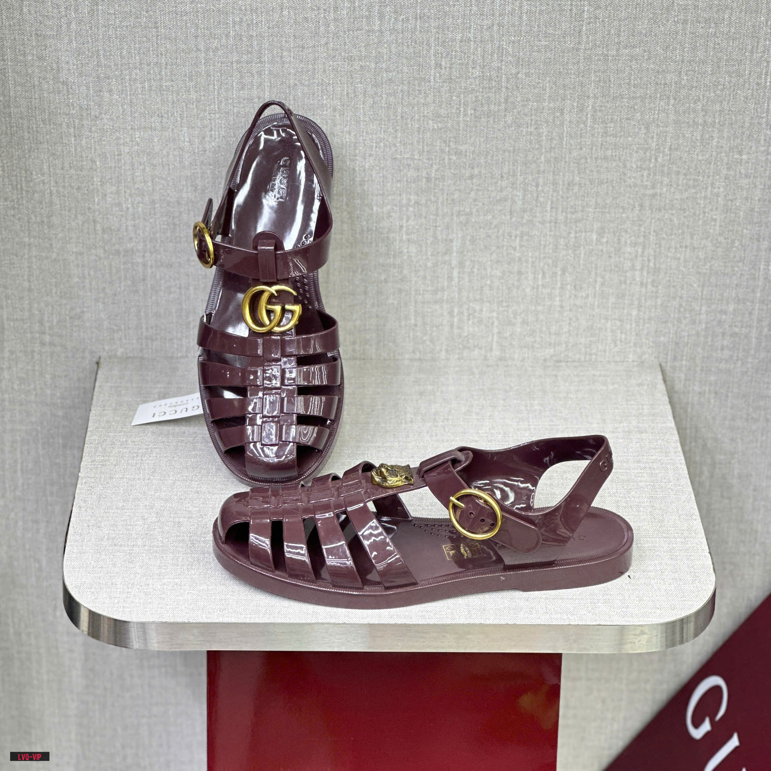 Dép sandal rọ Gucci GC Đỏ bóng logo Vàng Like Auth fullbox LVQ