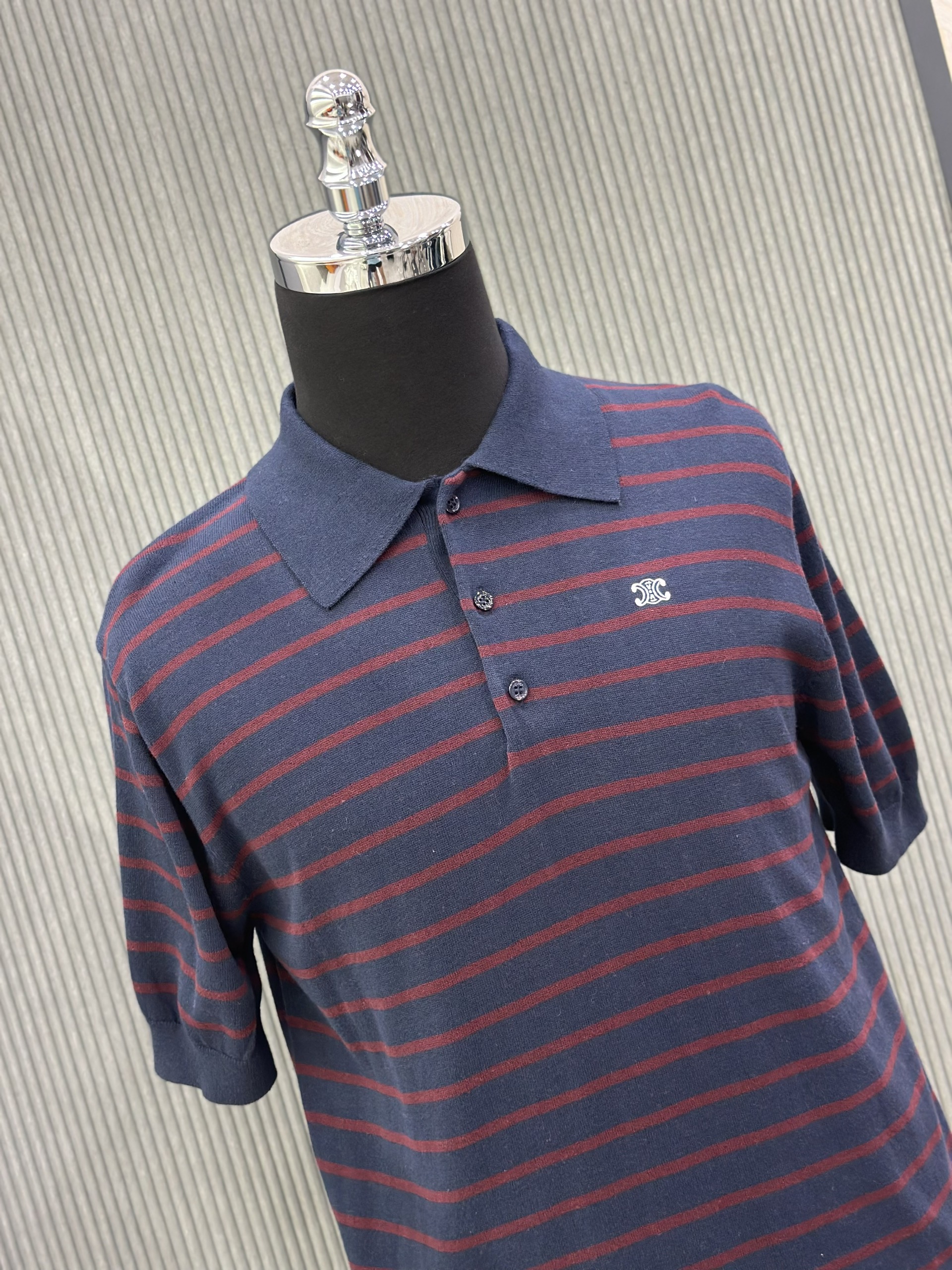 Áo polo Celine C Xanh than kẻ sọc Đỏ Like Auth VTN
