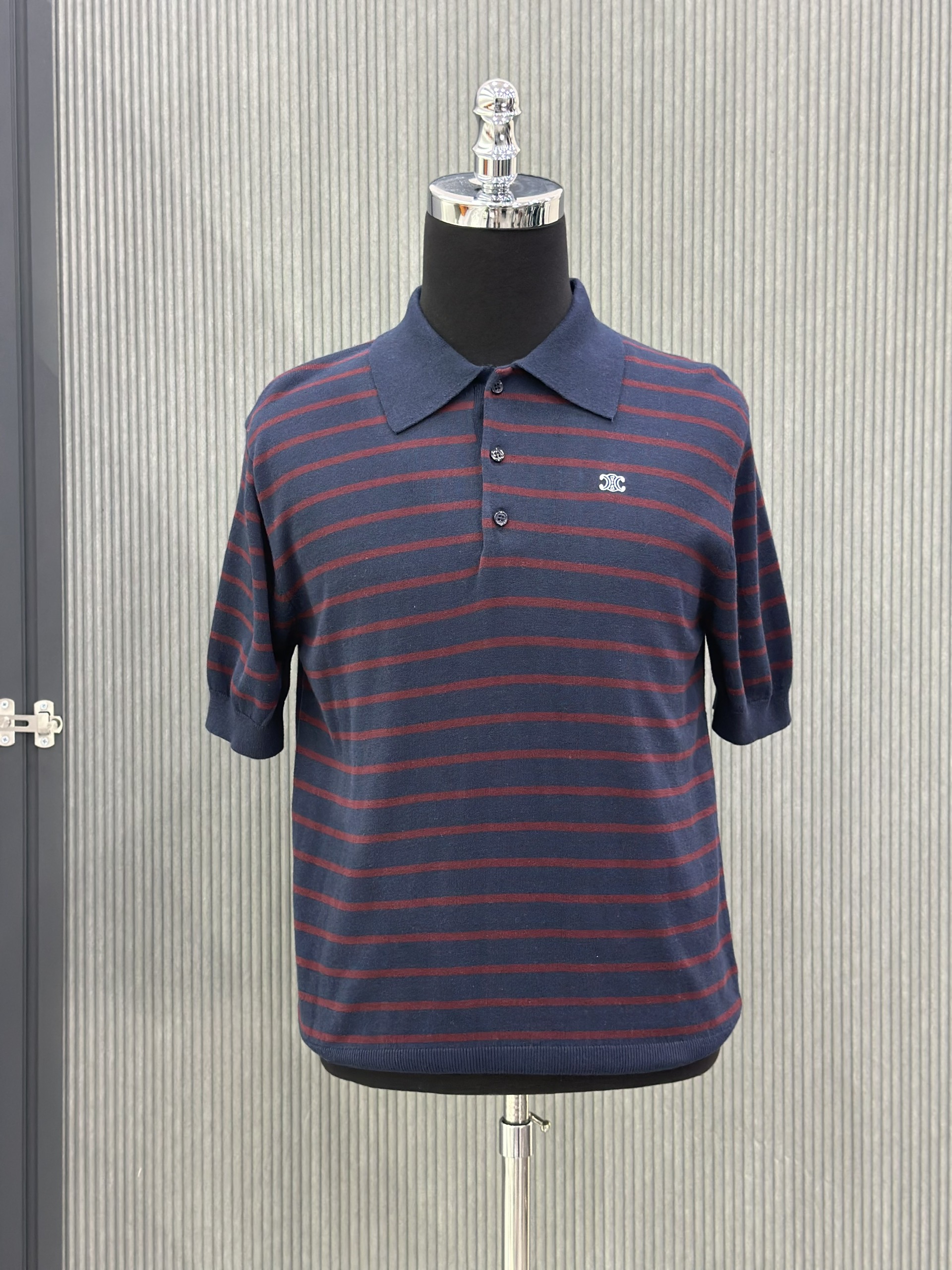 Áo polo Celine C Xanh than kẻ sọc Đỏ Like Auth VTN