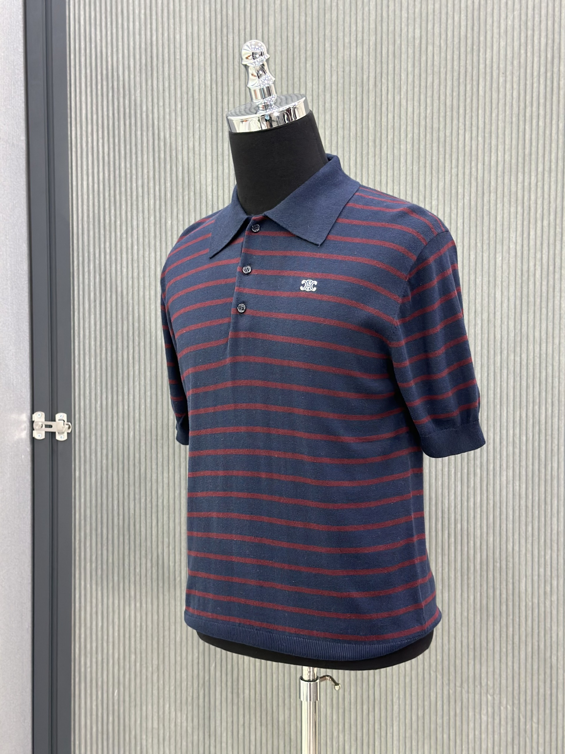 Áo polo Celine C Xanh than kẻ sọc Đỏ Like Auth VTN