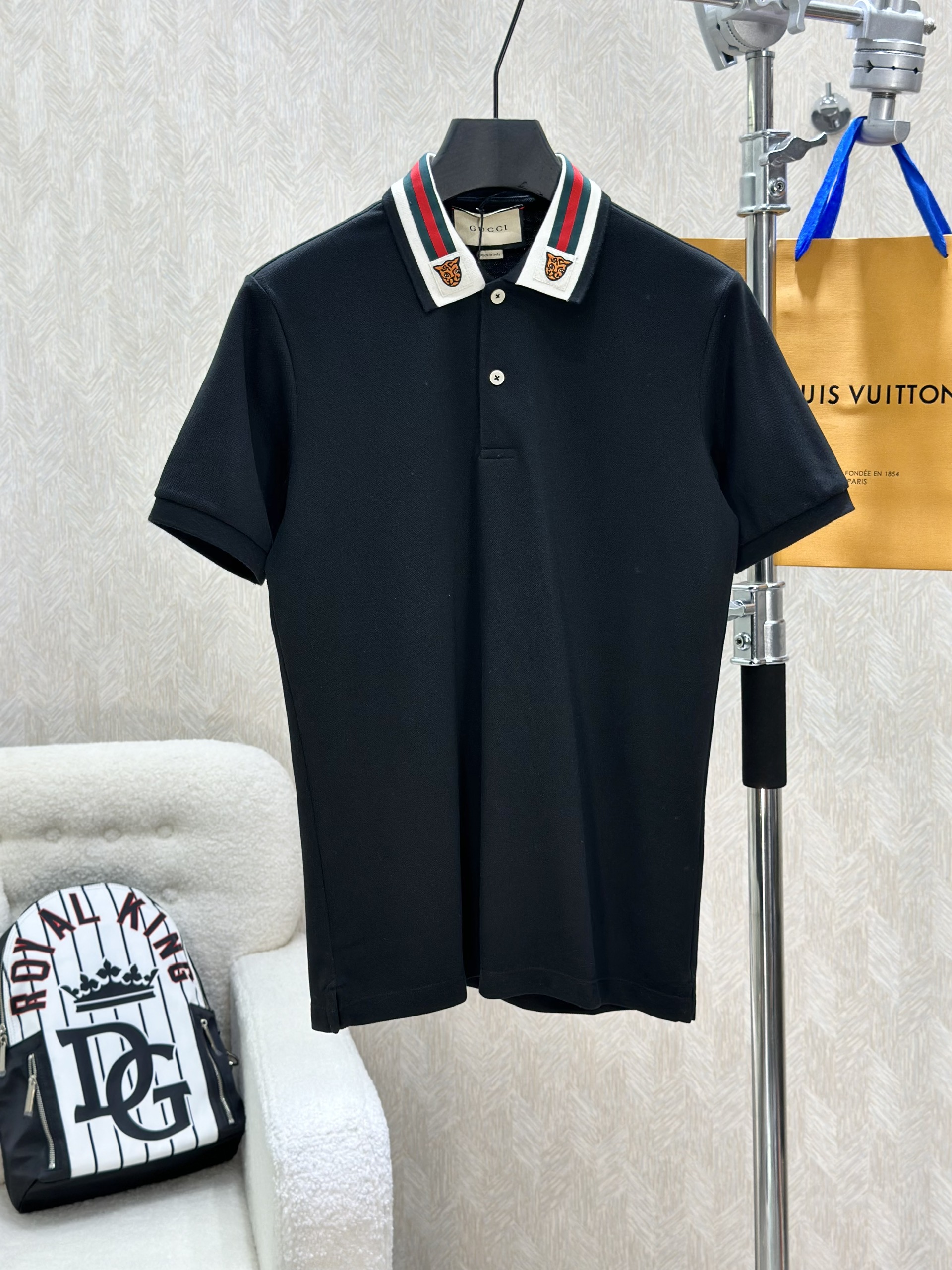 Áo polo Gucci GC trơn phối cổ kẻ sọc Xanh Đỏ logo mặt hổ Like Auth 1-1 on web VTN