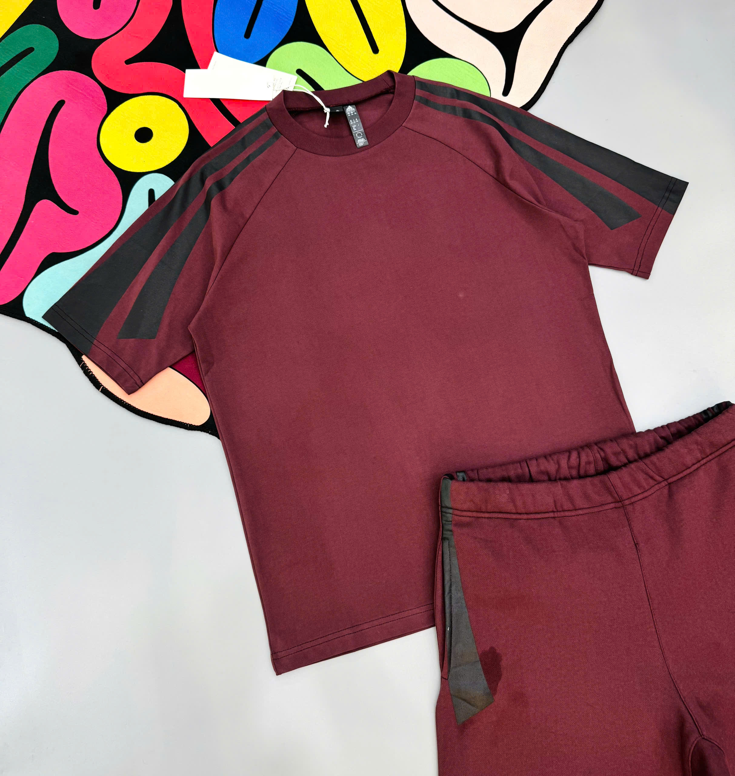 Bộ, set hè Adidas A Đỏ logo kẻ sọc Đen Like Auth MK