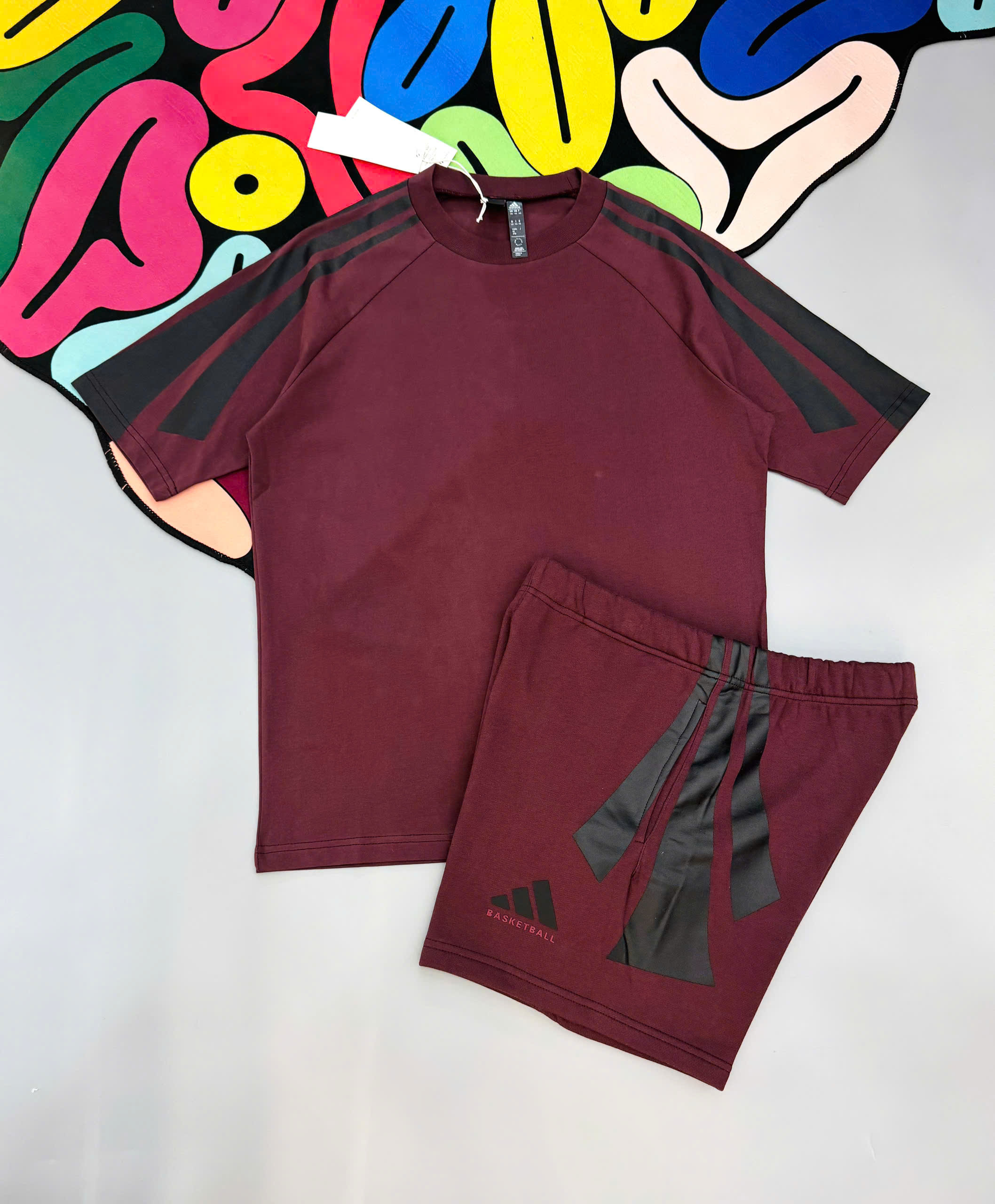 Bộ, set hè Adidas A Đỏ logo kẻ sọc Đen Like Auth MK