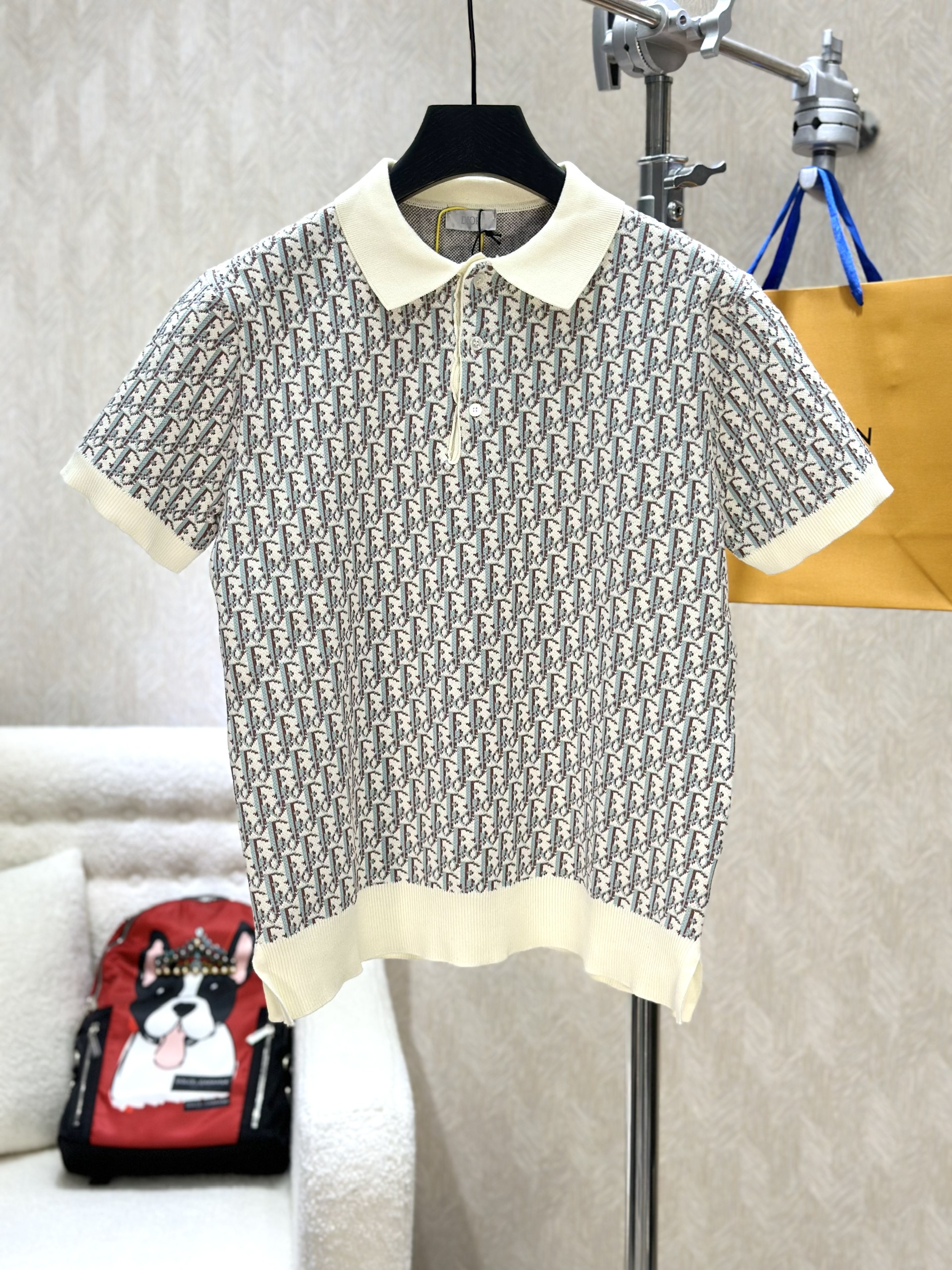 Áo polo len Dior CD Trắng họa tiết logo chữ Nâu Xanh full Like Auth 1-1 on web VTN