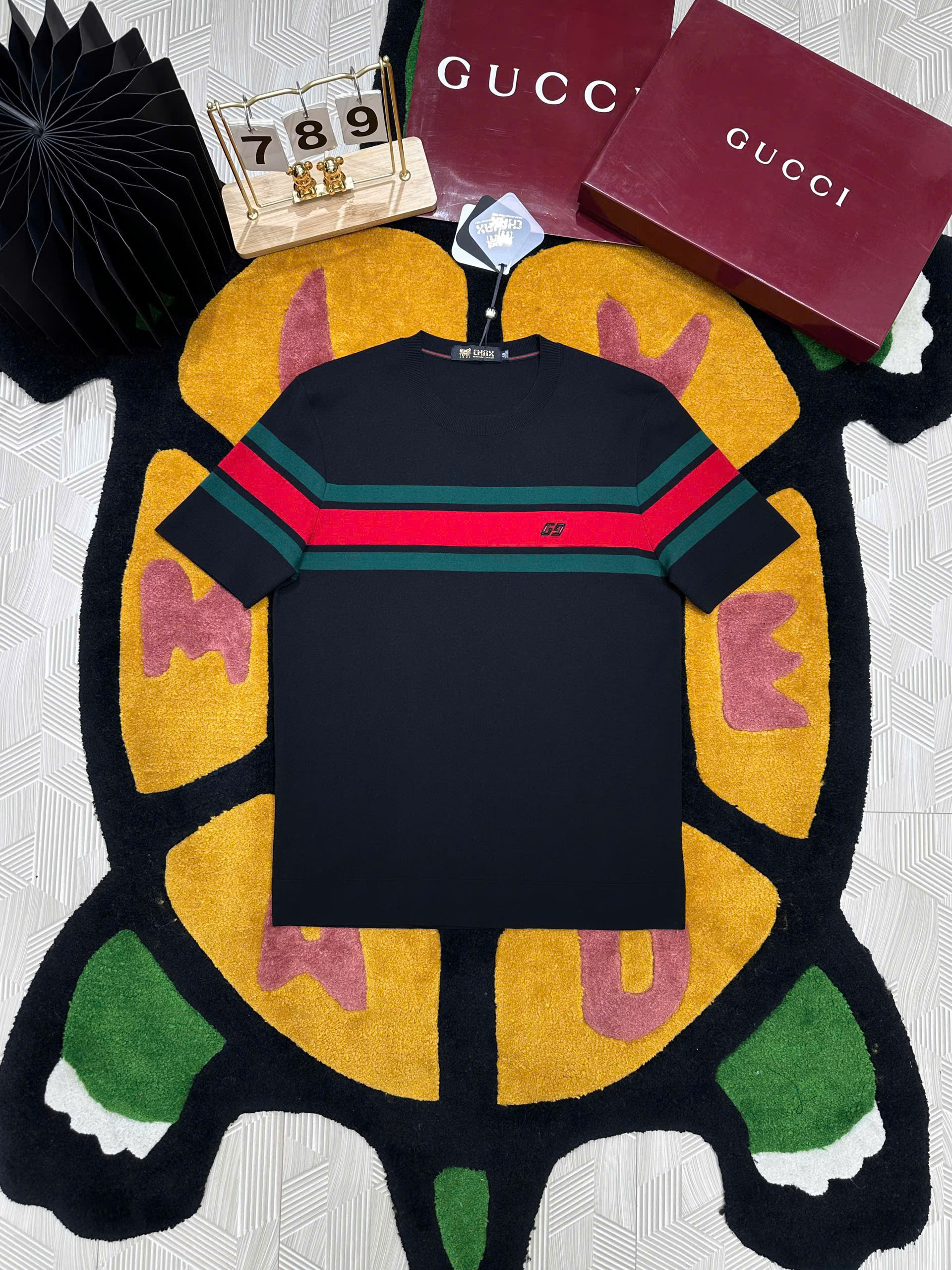 Áo phông T-shirt Gucci GC Đen kẻ sọc ngang Xanh Đỏ Like Auth MK