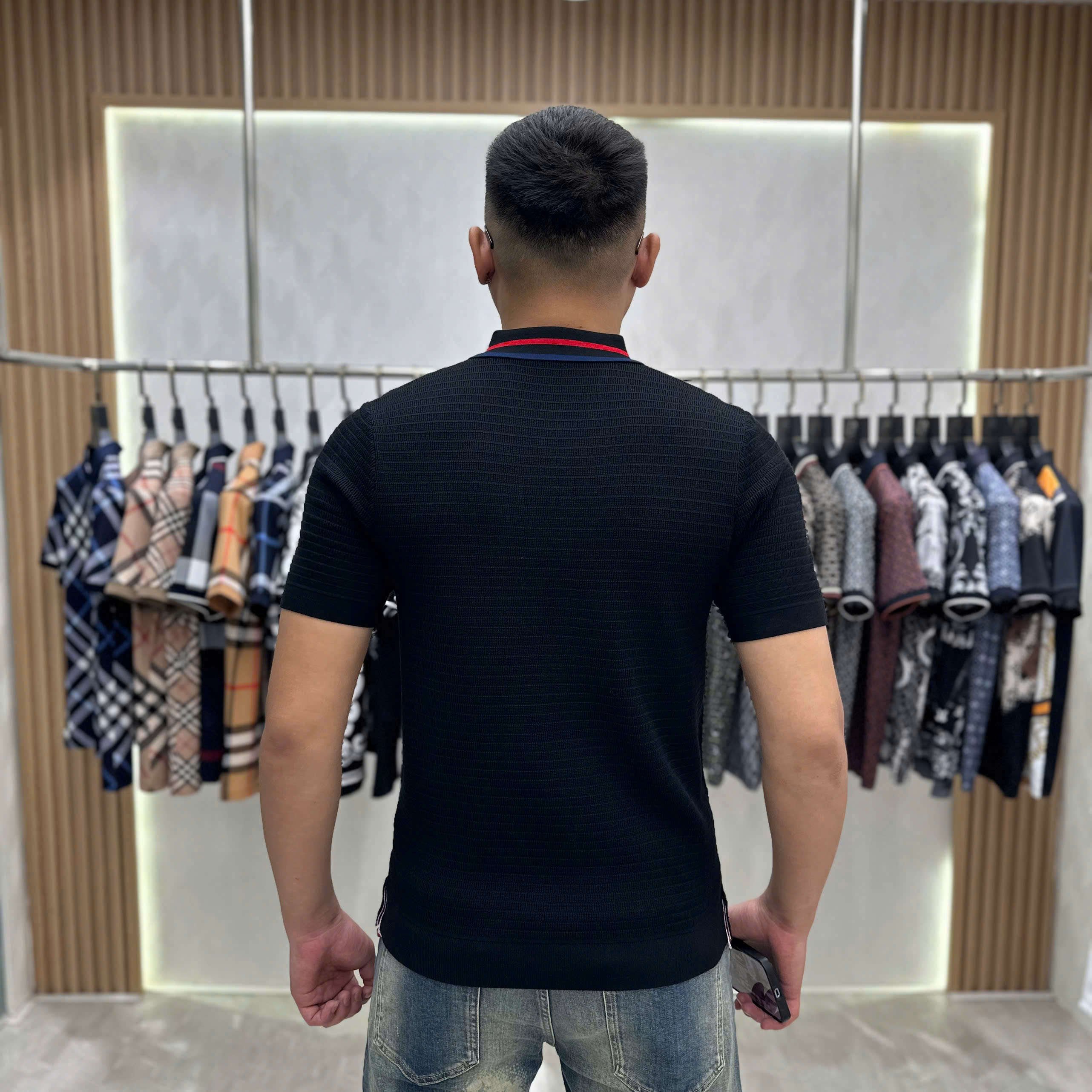 Áo polo len Thom Browne TB Đen kẻ sọc Đỏ Xanh Like Auth MK