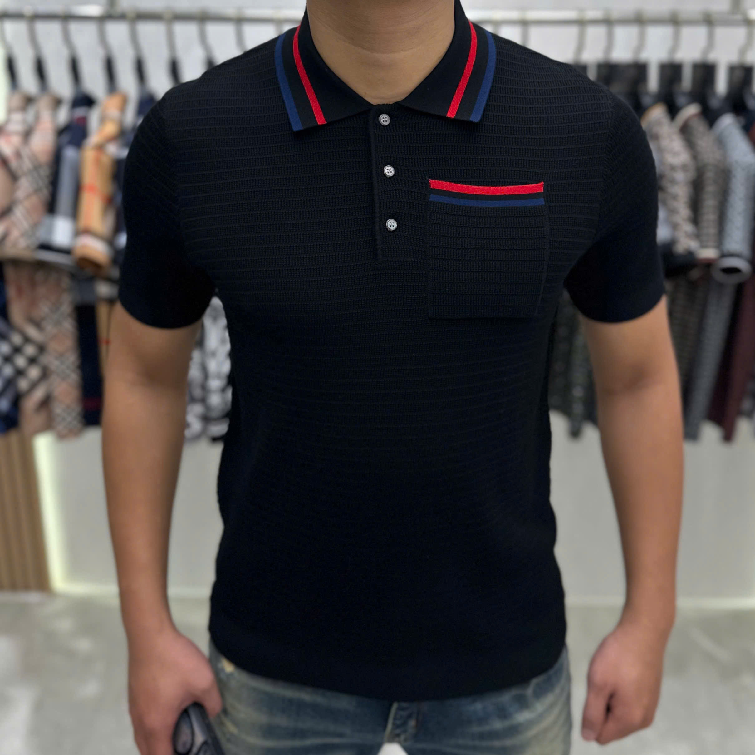 Áo polo len Thom Browne TB Đen kẻ sọc Đỏ Xanh Like Auth MK