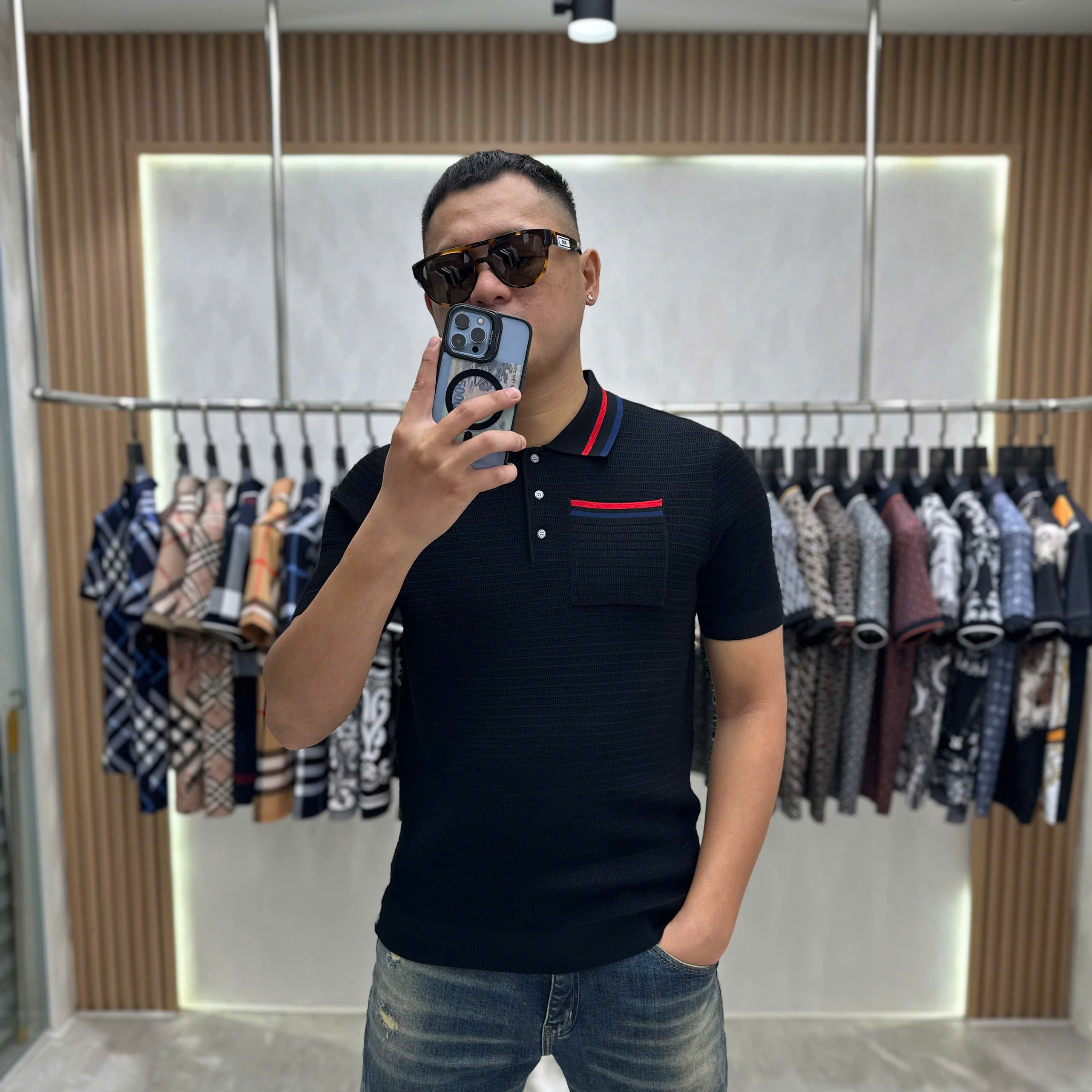 Áo polo len Thom Browne TB Đen kẻ sọc Đỏ Xanh Like Auth MK