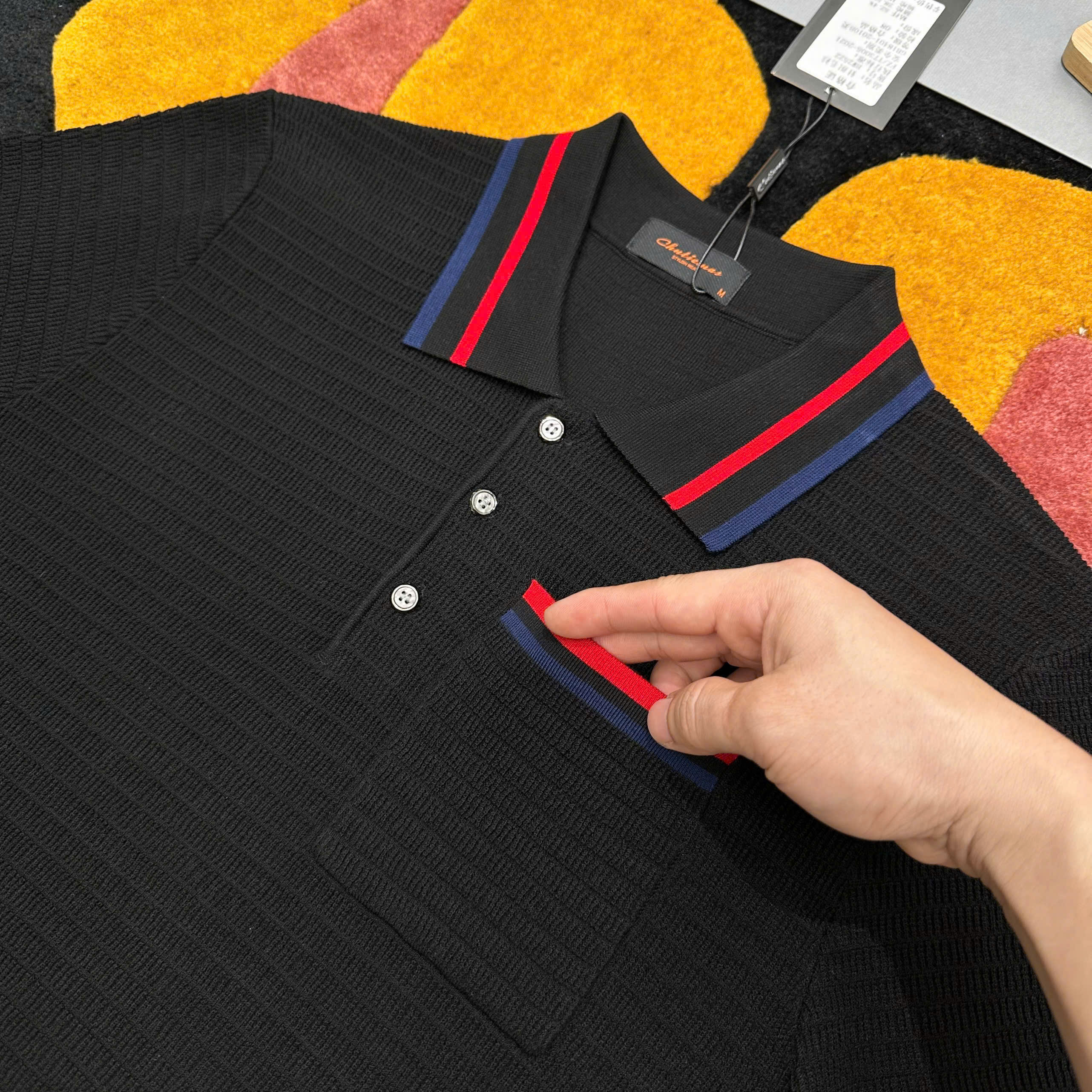 Áo polo len Thom Browne TB Đen kẻ sọc Đỏ Xanh Like Auth MK