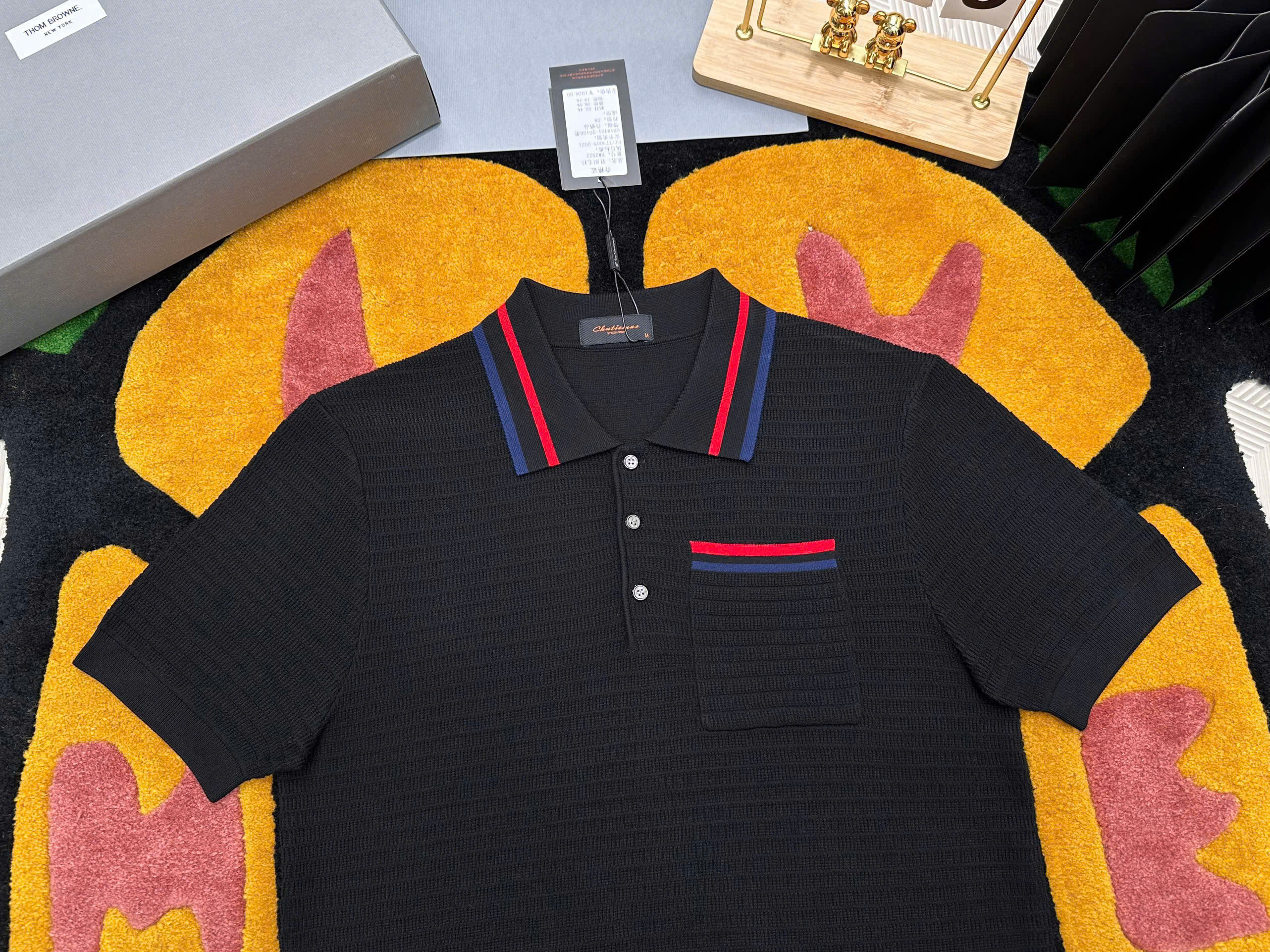 Áo polo len Thom Browne TB Đen kẻ sọc Đỏ Xanh Like Auth MK