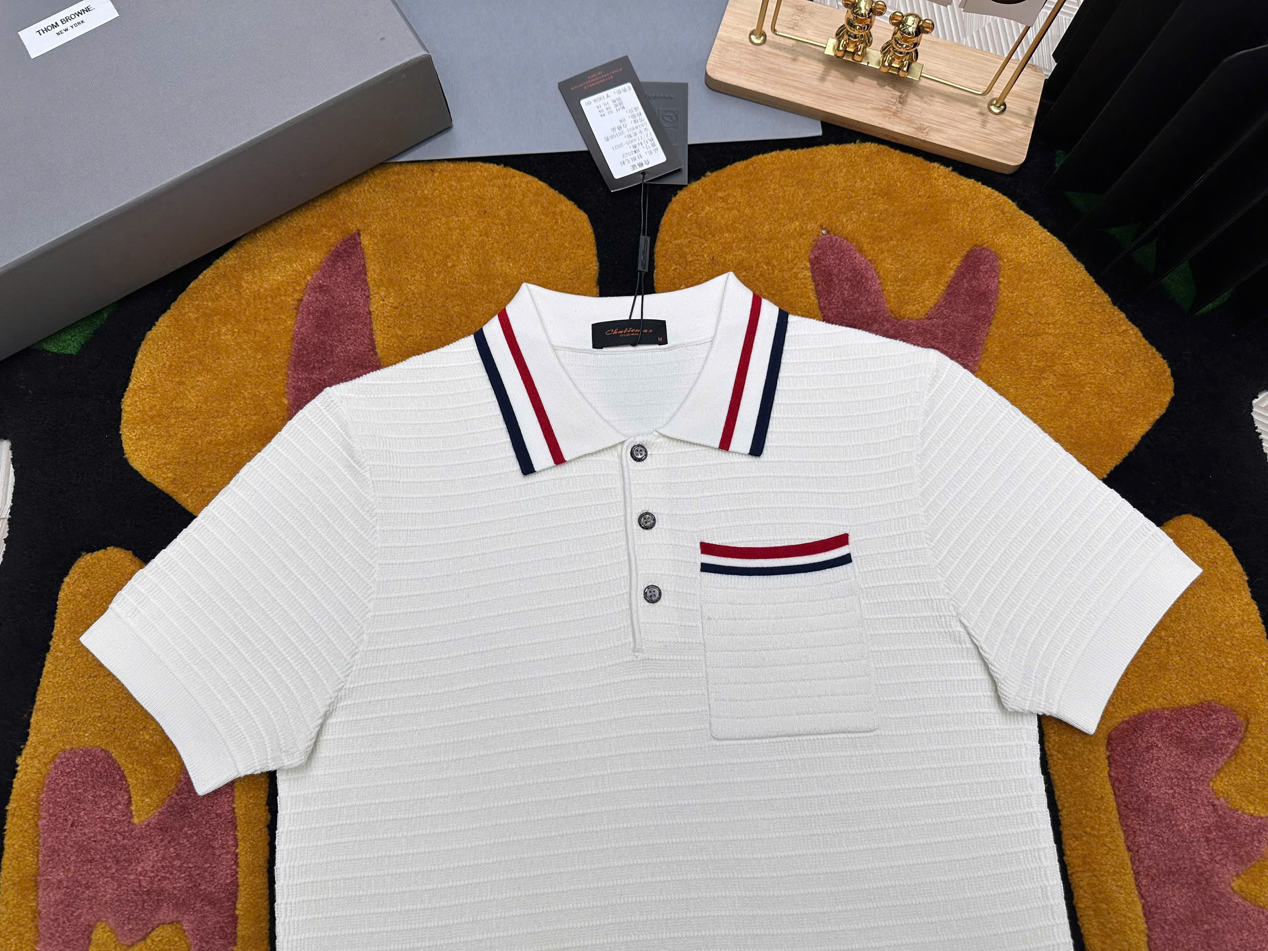 Áo polo len Thom Browne TB Trắng kẻ sọc Đỏ Xanh Like Auth MK