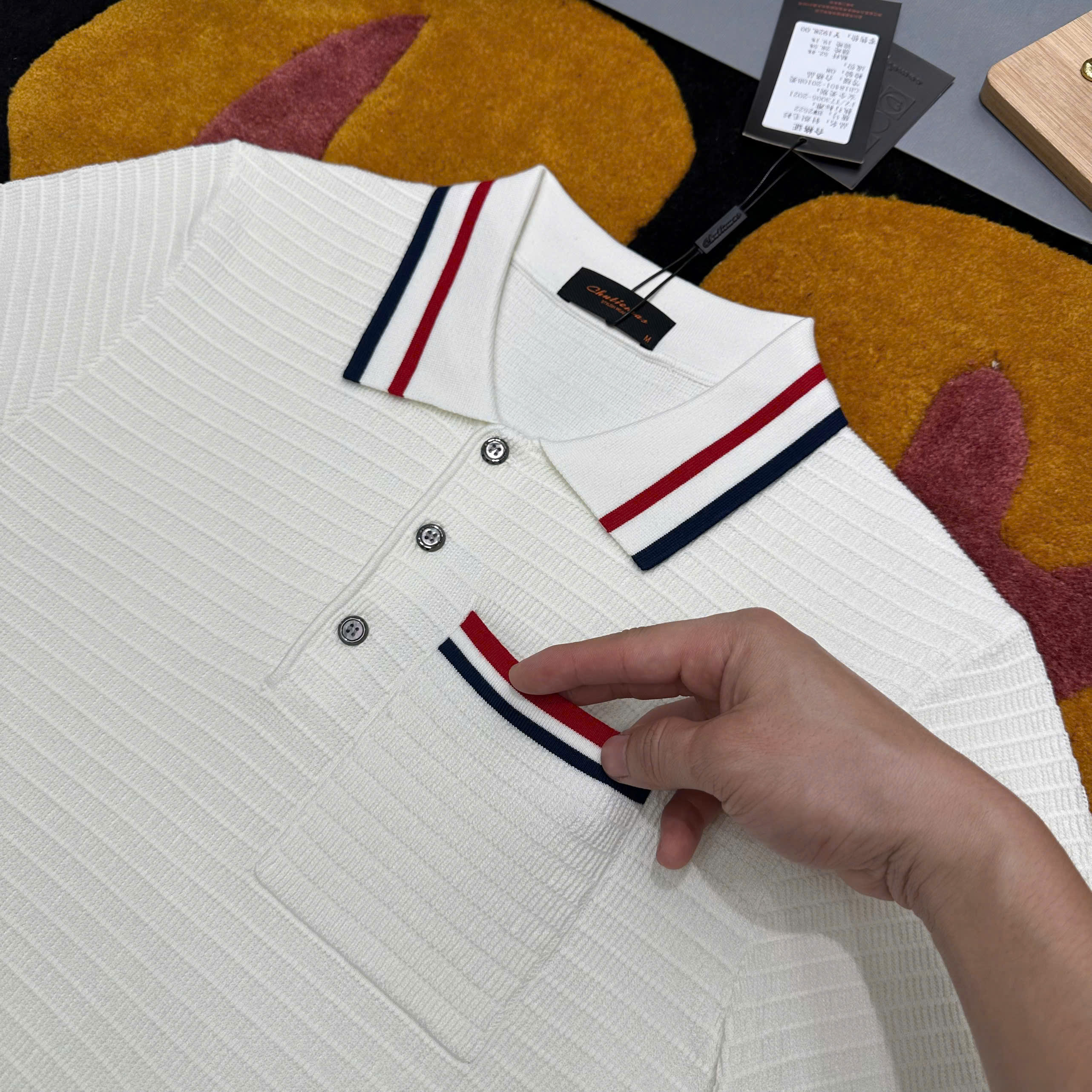 Áo polo len Thom Browne TB Trắng kẻ sọc Đỏ Xanh Like Auth MK