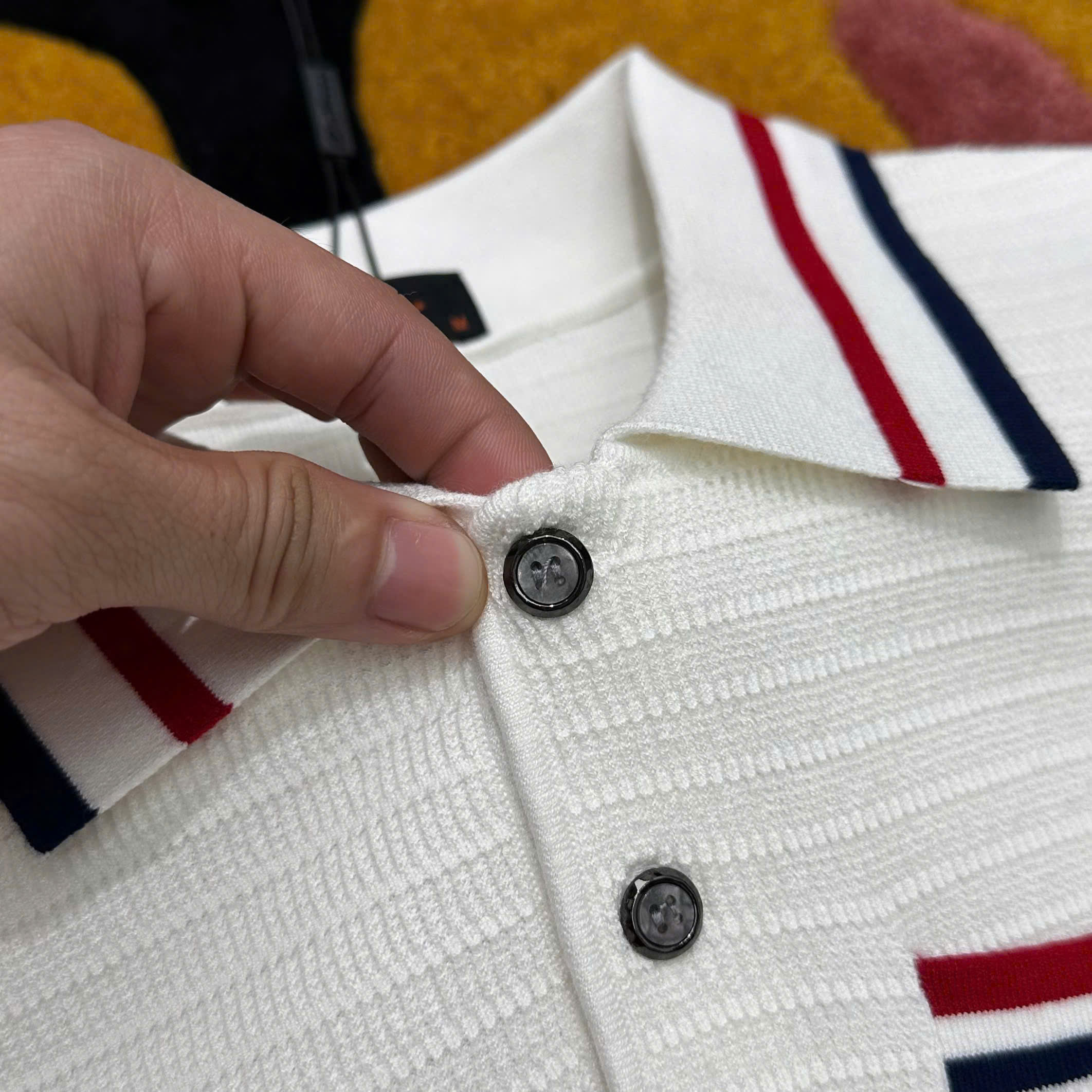 Áo polo len Thom Browne TB Trắng kẻ sọc Đỏ Xanh Like Auth MK