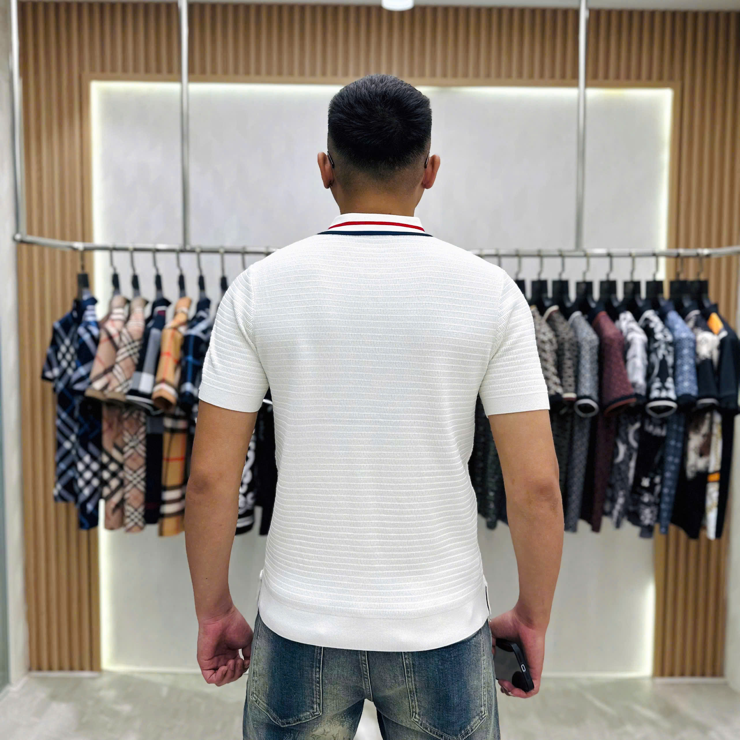 Áo polo len Thom Browne TB Trắng kẻ sọc Đỏ Xanh Like Auth MK