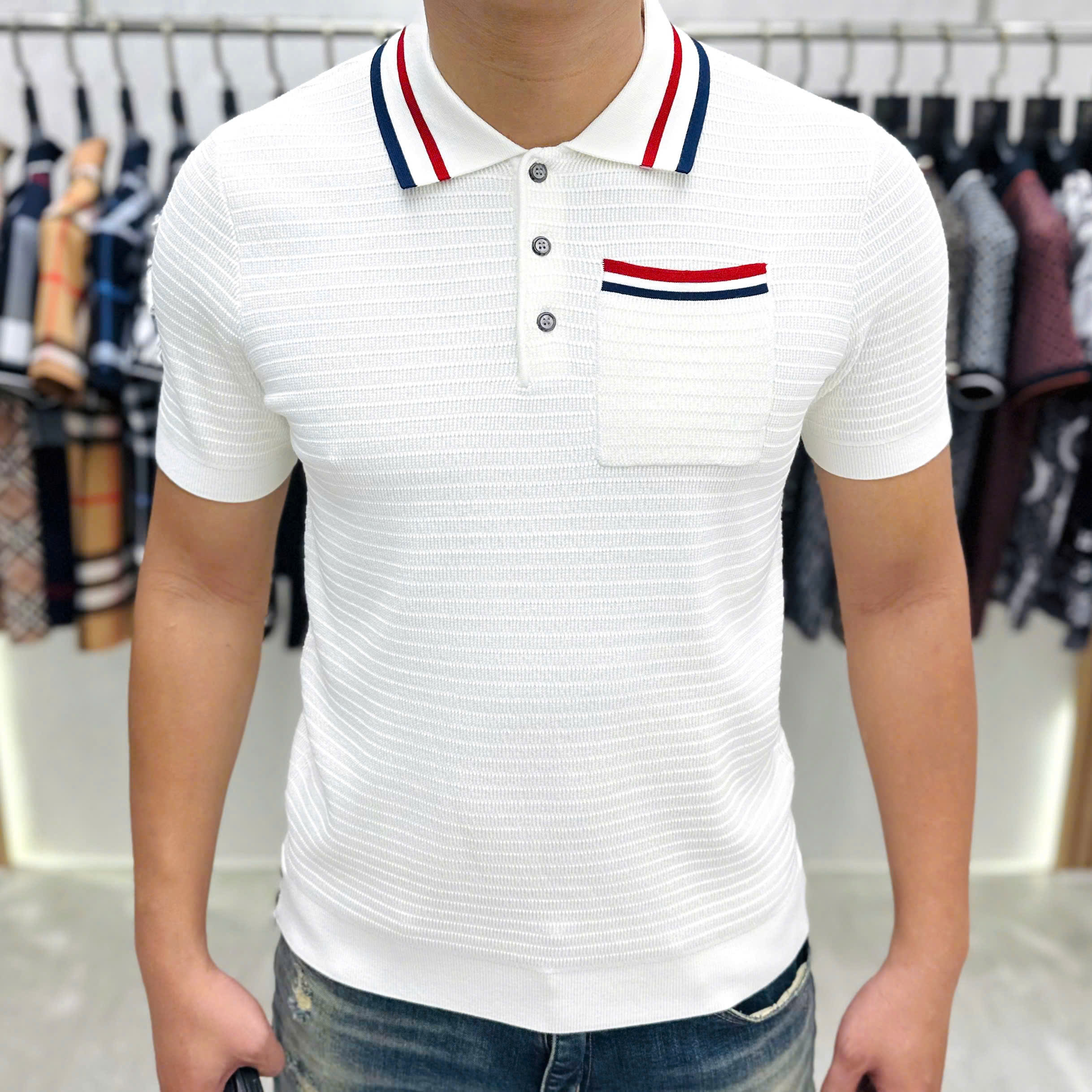 Áo polo len Thom Browne TB Trắng kẻ sọc Đỏ Xanh Like Auth MK