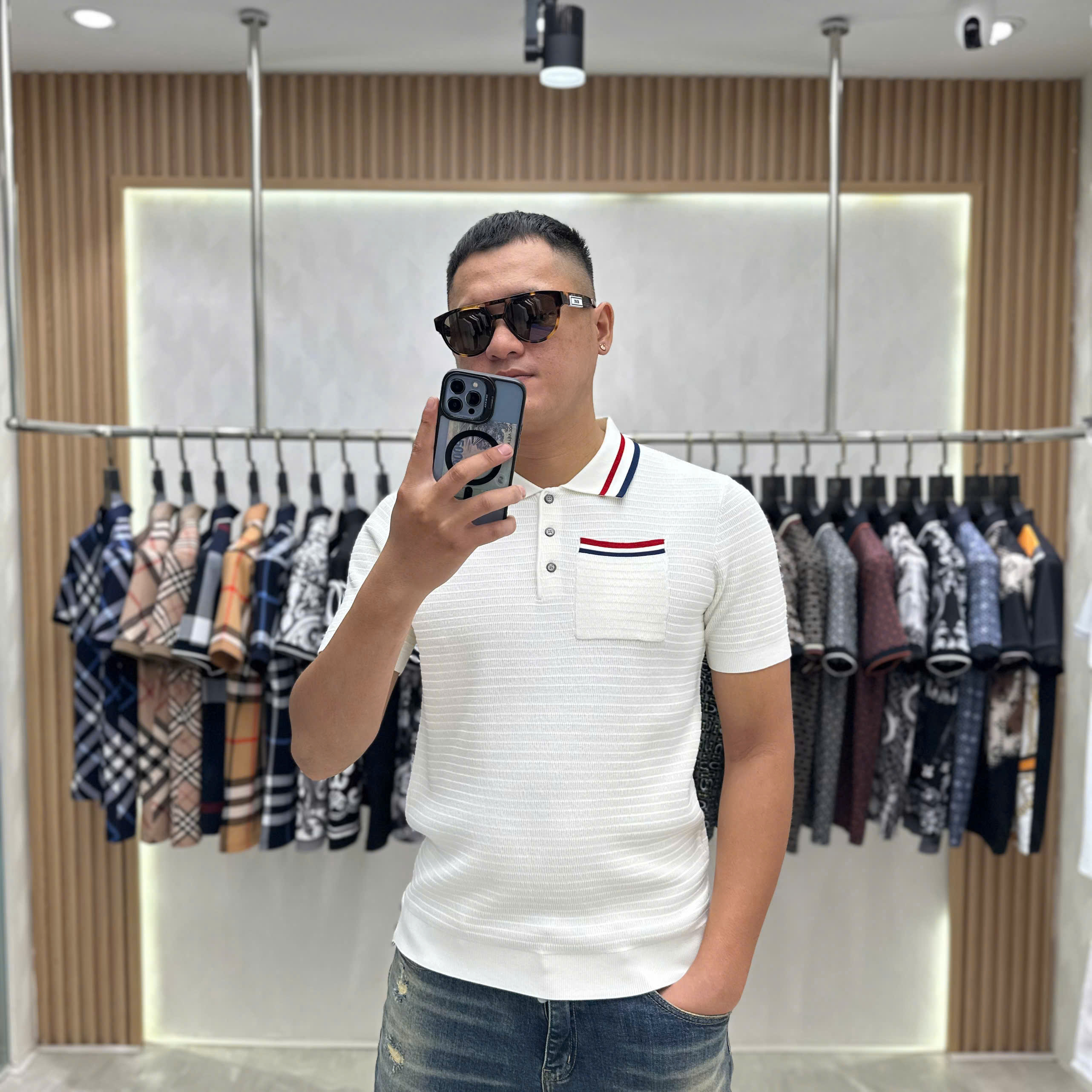 Áo polo len Thom Browne TB Trắng kẻ sọc Đỏ Xanh Like Auth MK