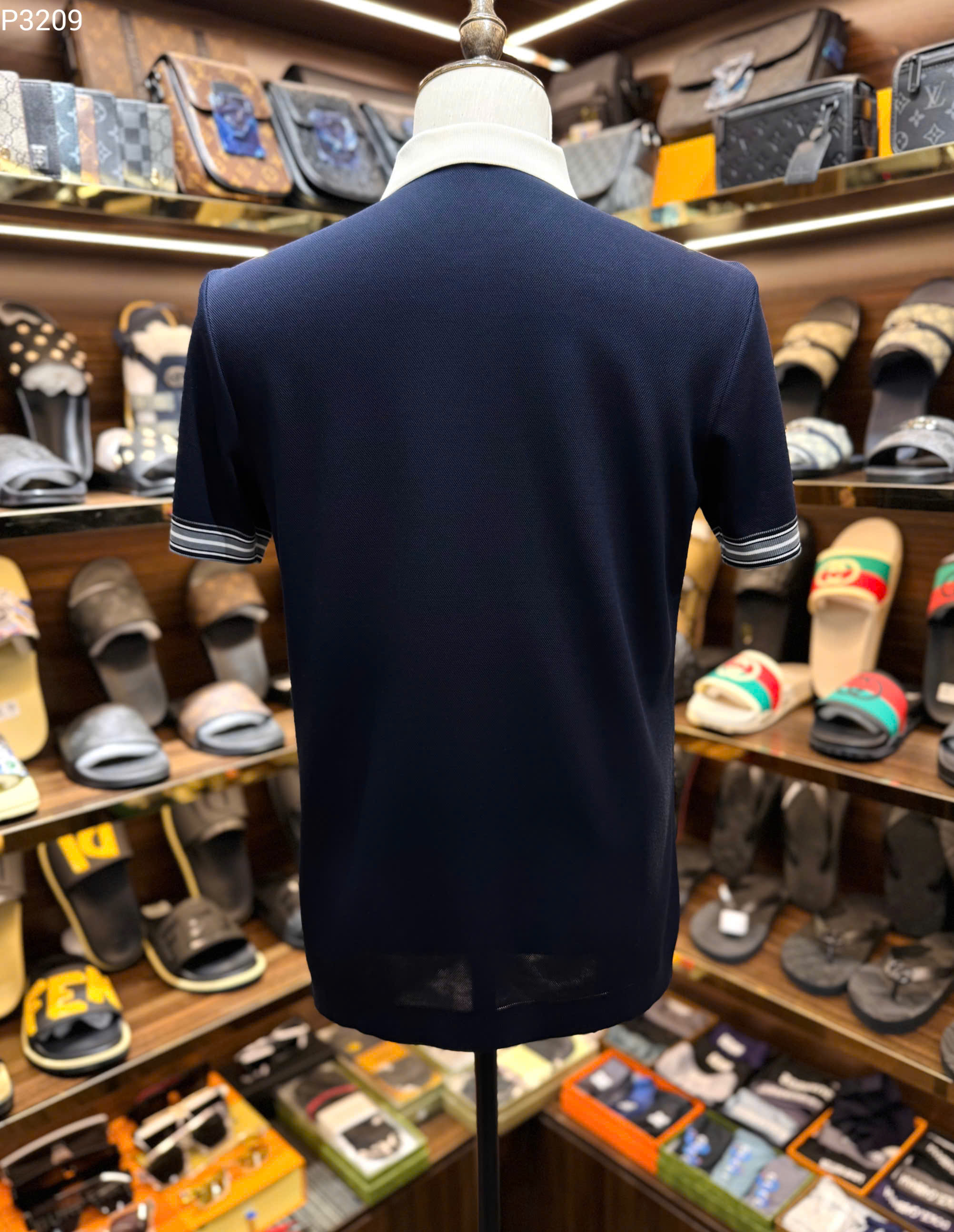 Áo polo Dior CD Xanh than phối Trắng logo chữ cành hoa thêu túi ngực Like Auth MK