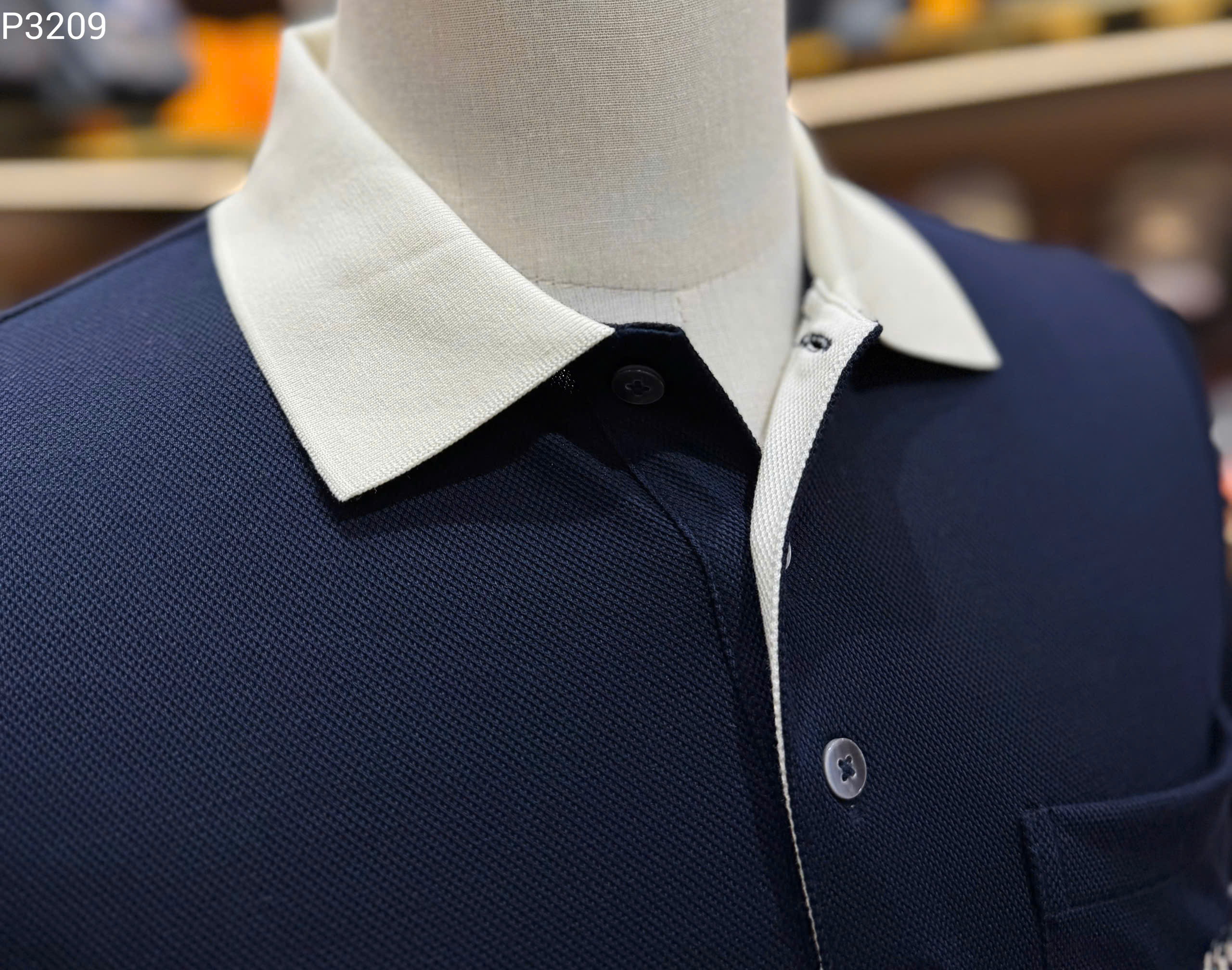 Áo polo Dior CD Xanh than phối Trắng logo chữ cành hoa thêu túi ngực Like Auth MK