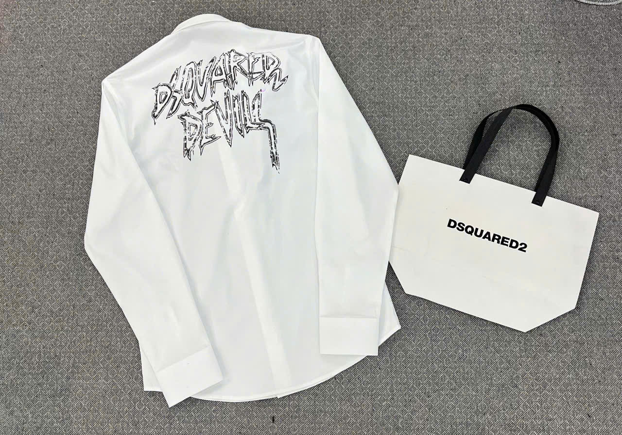 Áo sơ mi dài tay Dsquared2 DSQ2 Trắng log chữ Devils viền Đen Like Auth LK