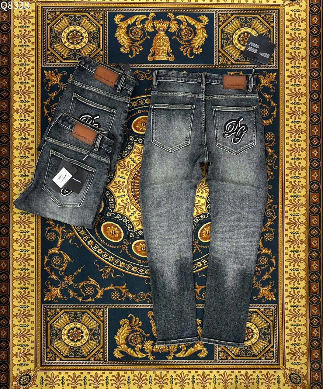 Quần jean Dolce Gabbana DG Xanh bạc logo túi sau tem Nâu cạp Like Auth LK