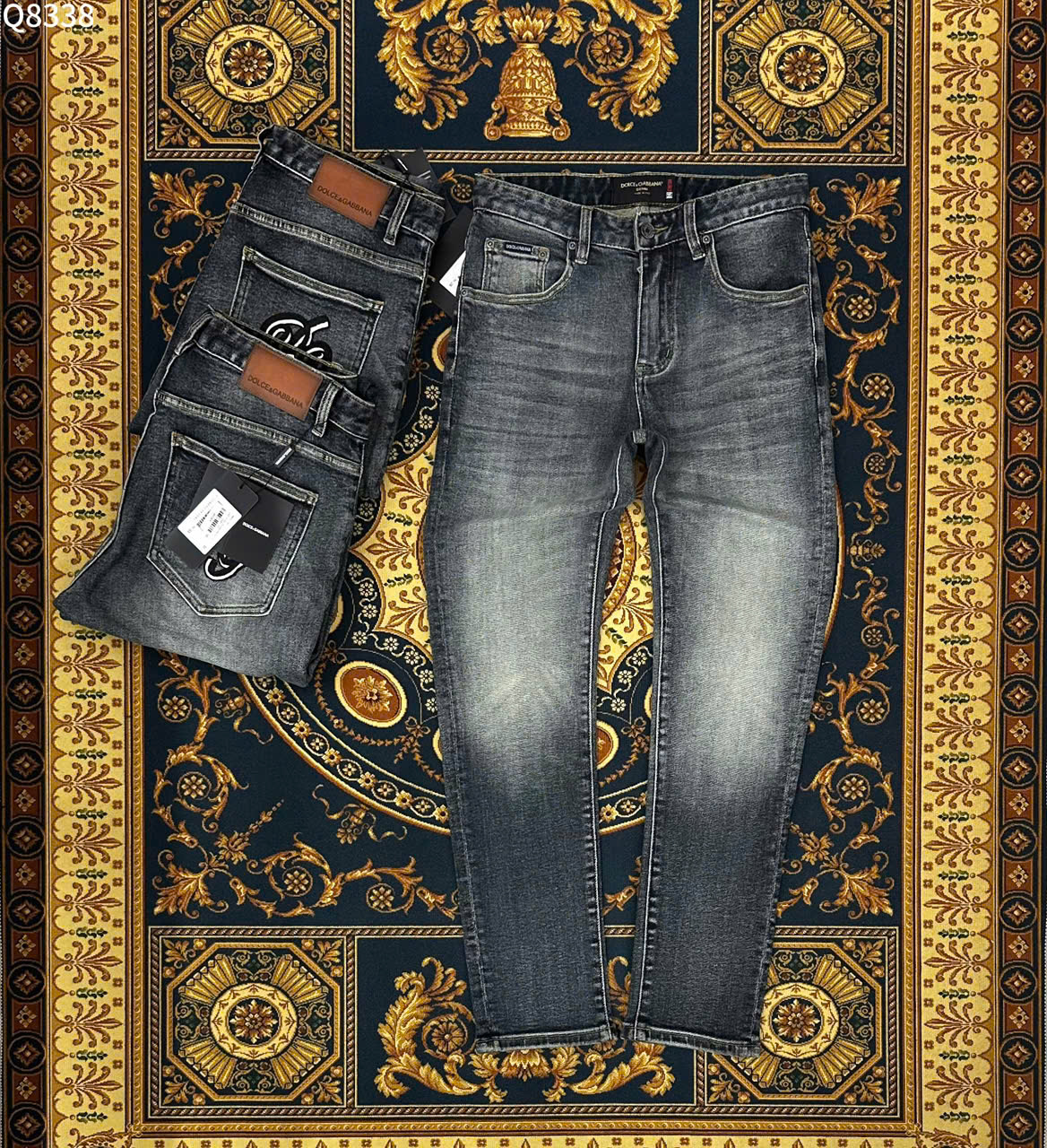 Quần jean Dolce Gabbana DG Xanh bạc logo túi sau tem Nâu cạp Like Auth LK