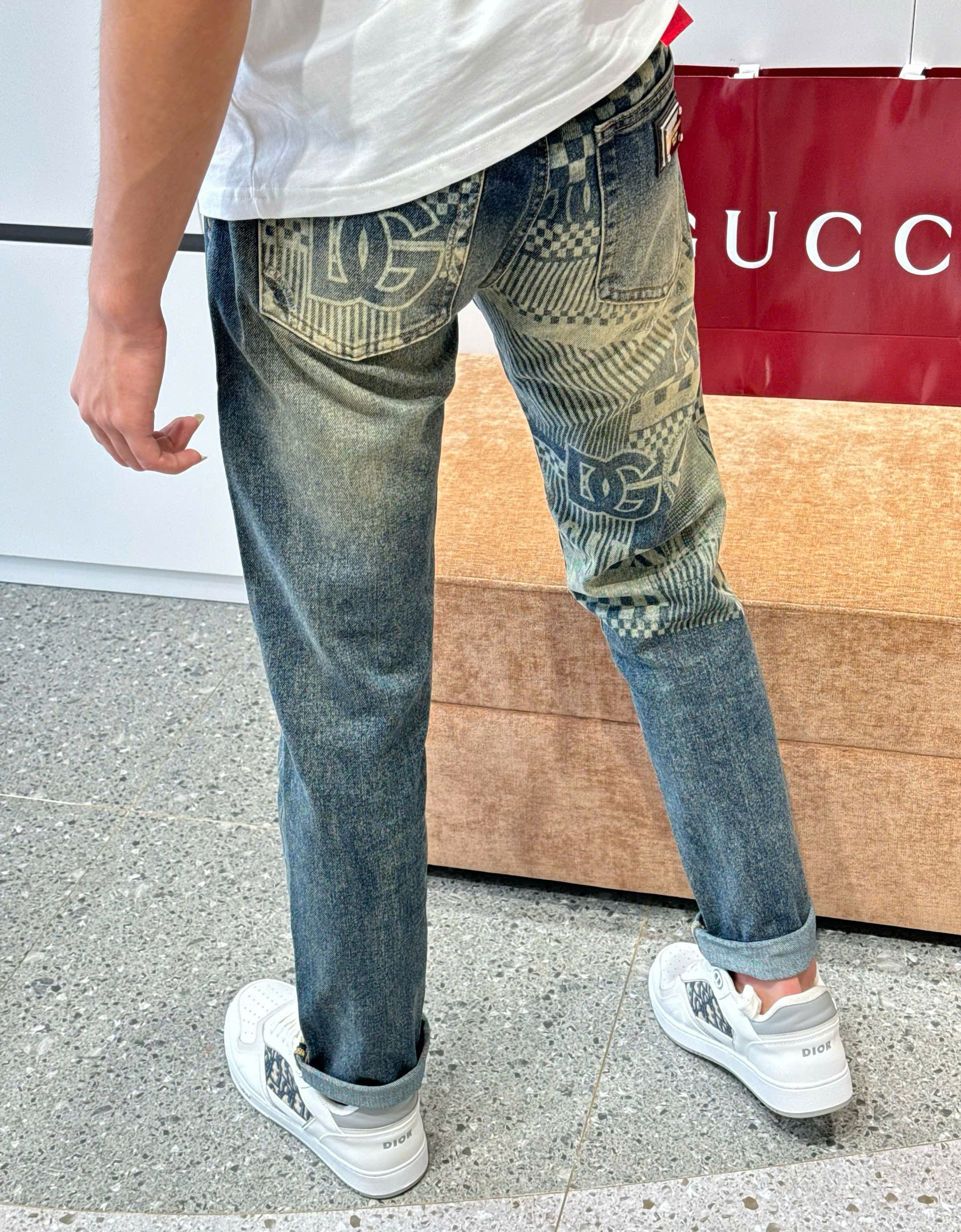 Quần jean Dolce Gabbana DG Xanh bạc họa tiết logo ống cạp túi sau Like Auth DDT