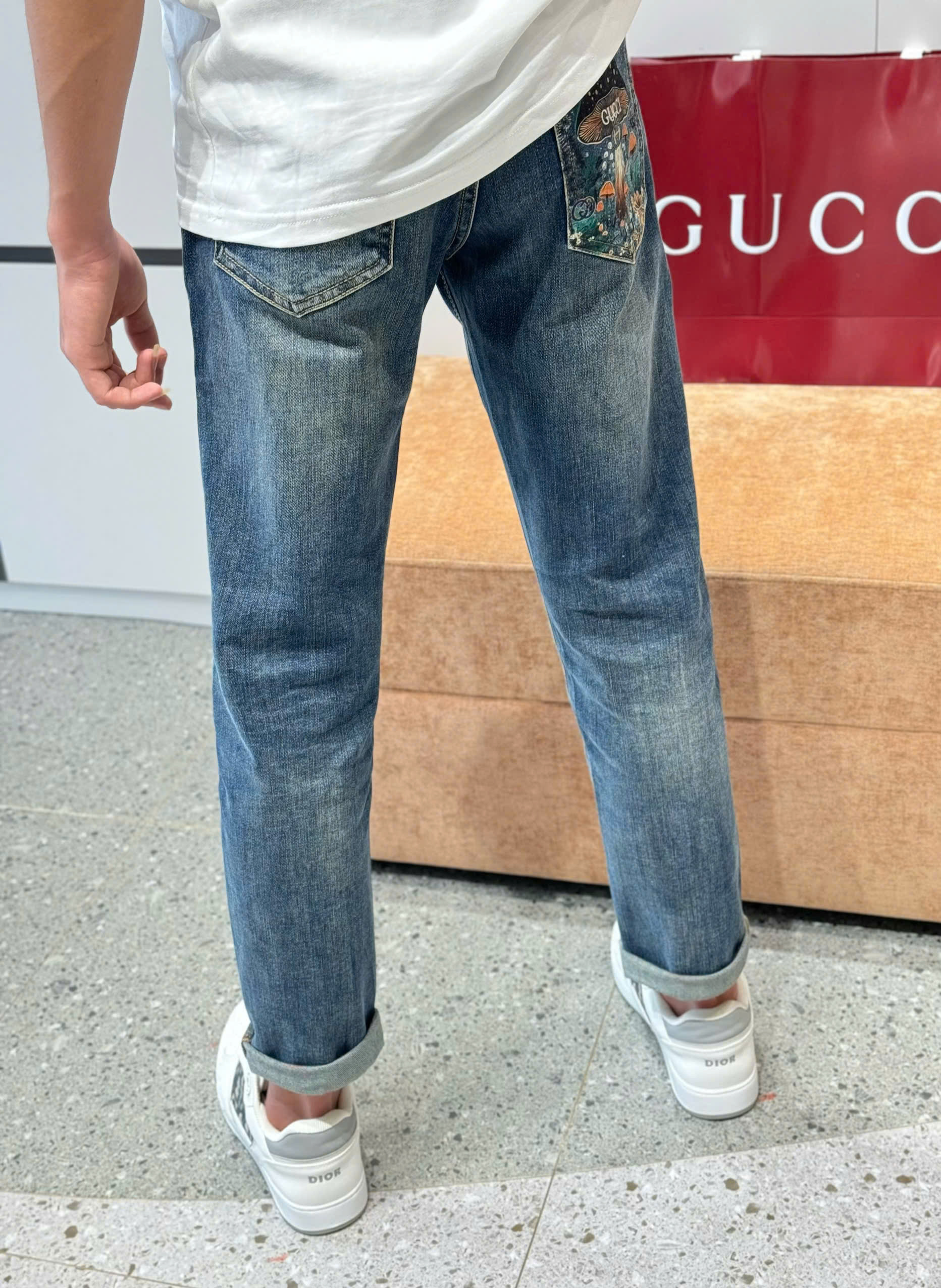 Quần jean Gucci GC Xanh bạc họa tiết logo cây nấm túi sau Like Auth DDT