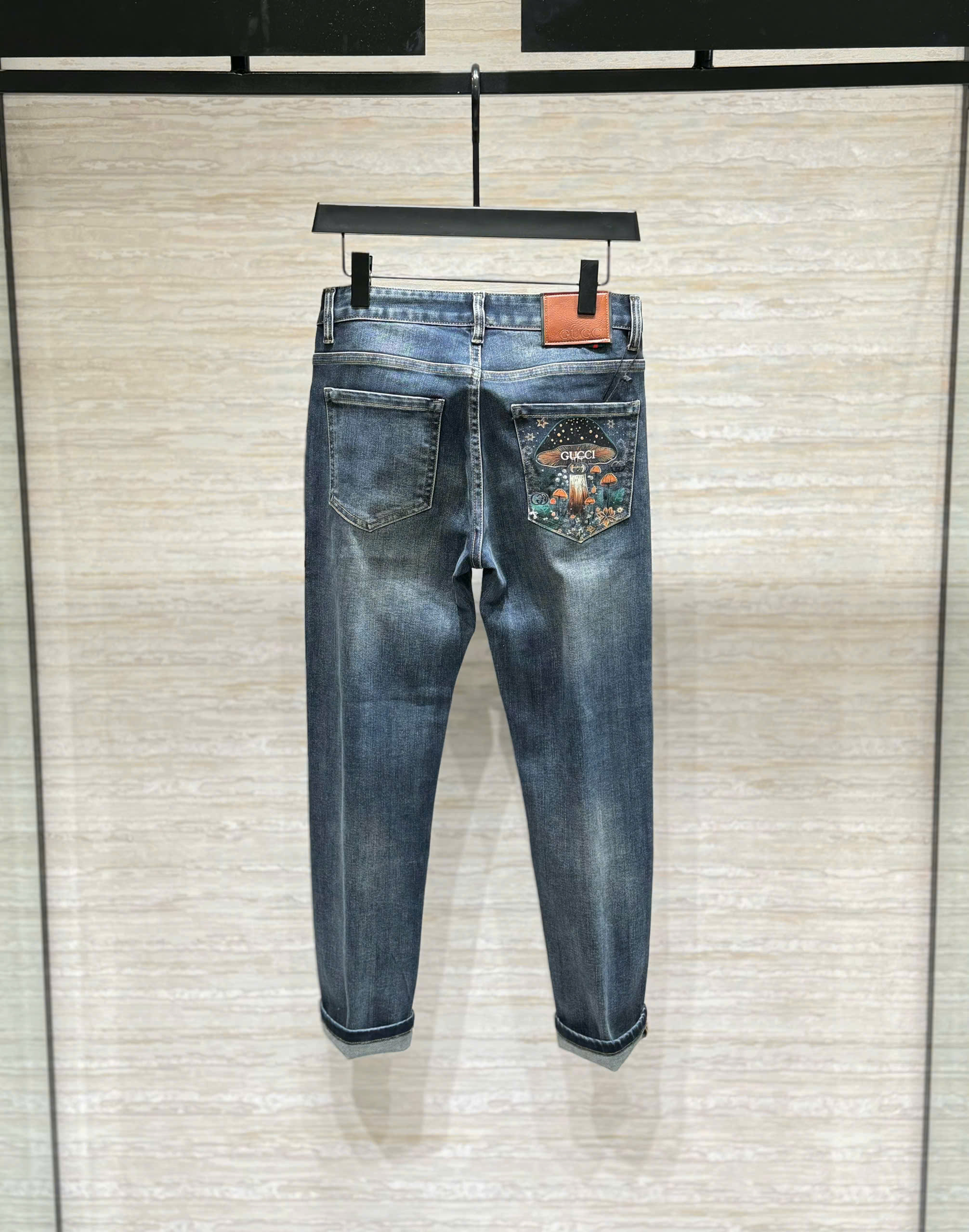 Quần jean Gucci GC Xanh bạc họa tiết logo cây nấm túi sau Like Auth DDT