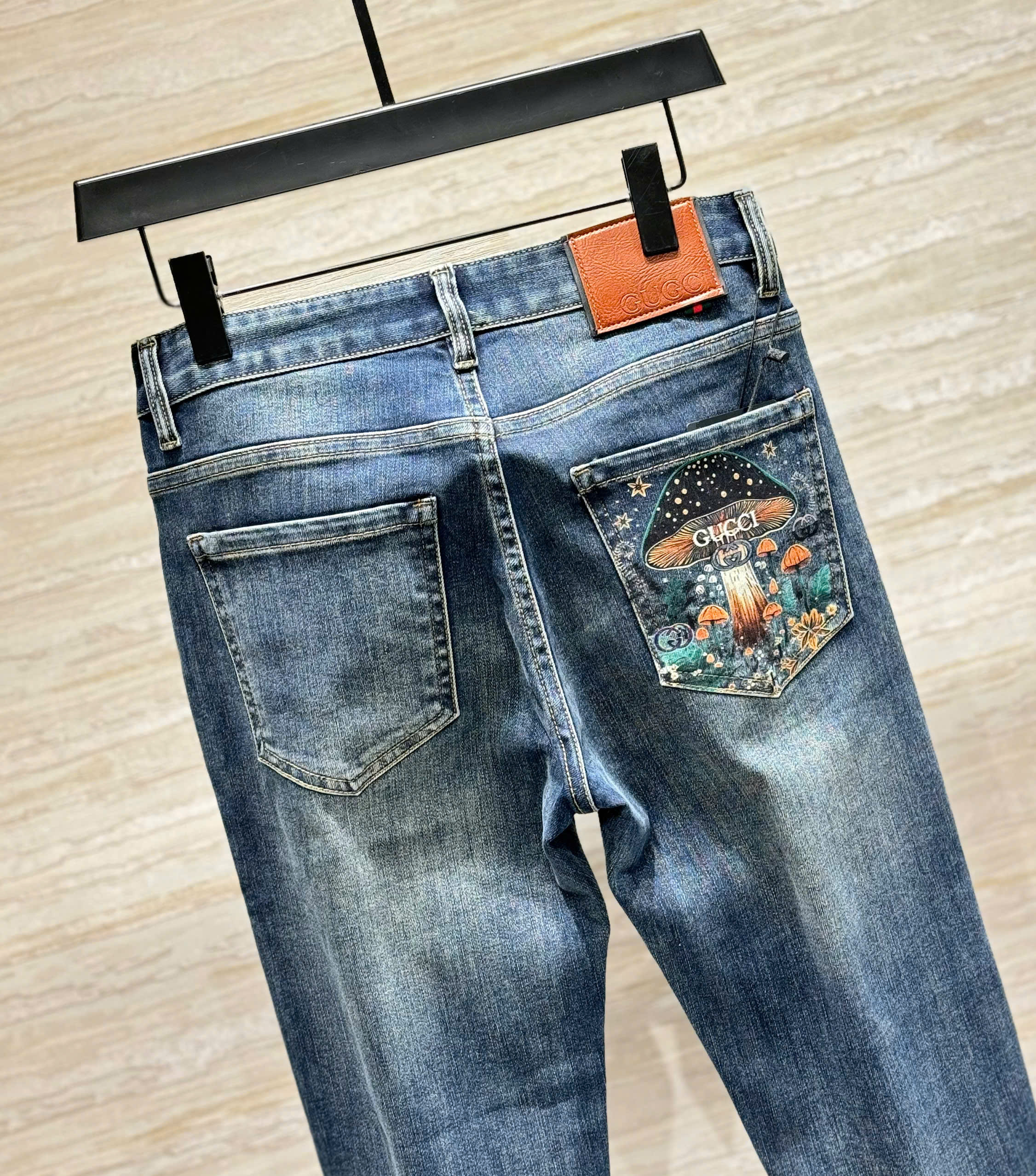 Quần jean Gucci GC Xanh bạc họa tiết logo cây nấm túi sau Like Auth DDT