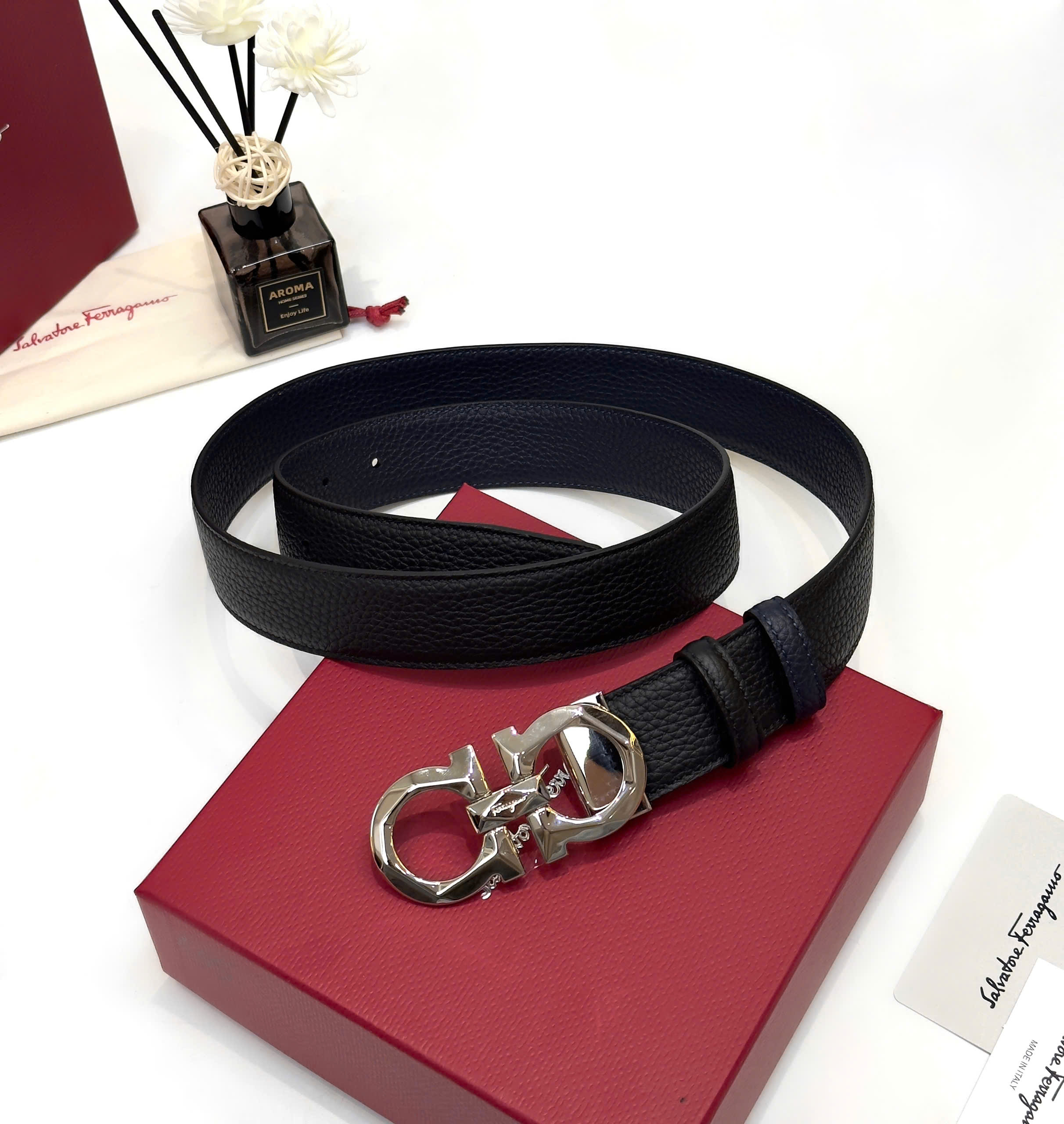 Thắt lưng, belt Salvato Đen logo mặt Bạc size 85-110cm Like Auth fullbox DDT