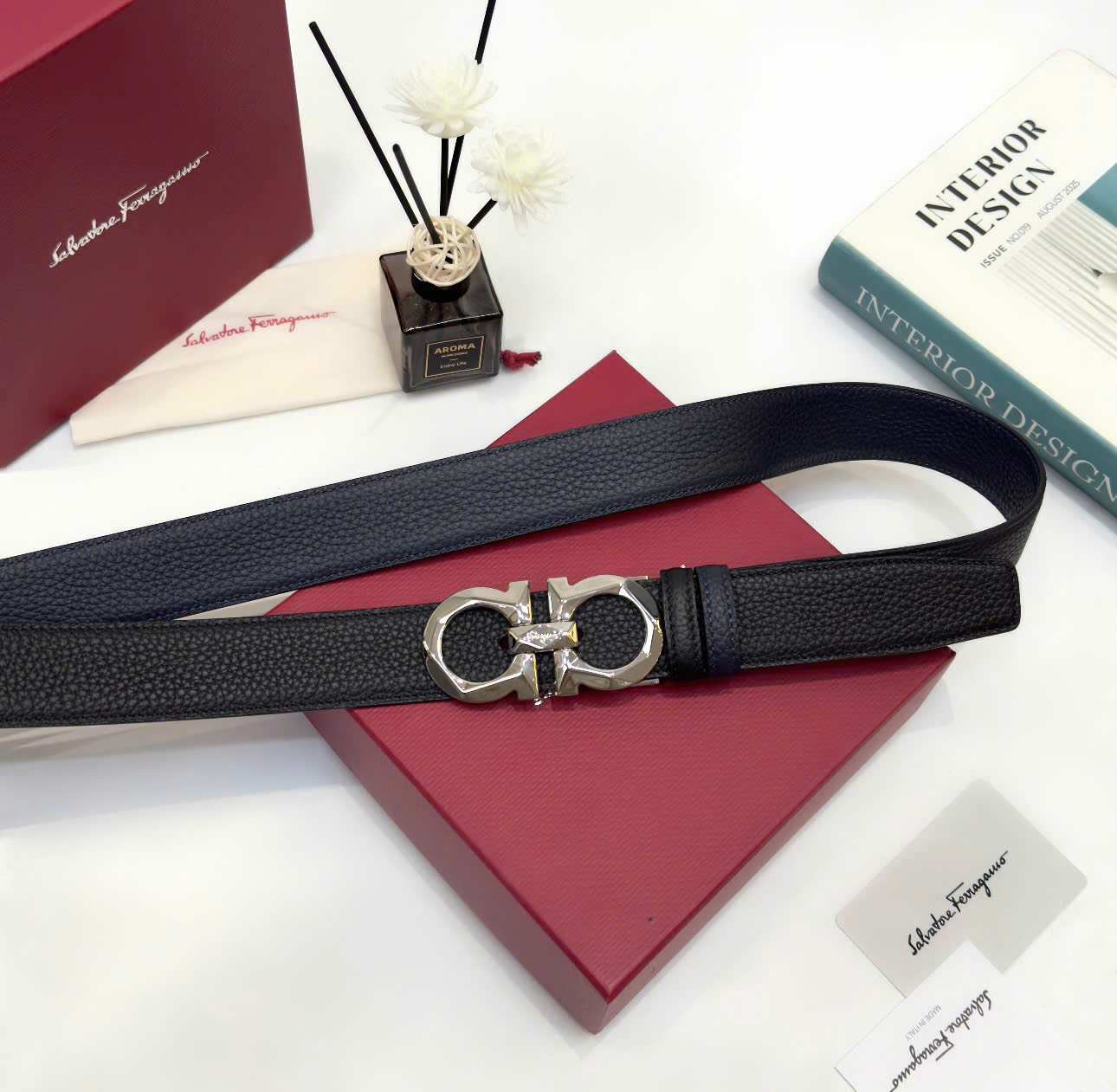 Thắt lưng, belt Salvato Đen logo mặt Bạc size 85-110cm Like Auth fullbox DDT