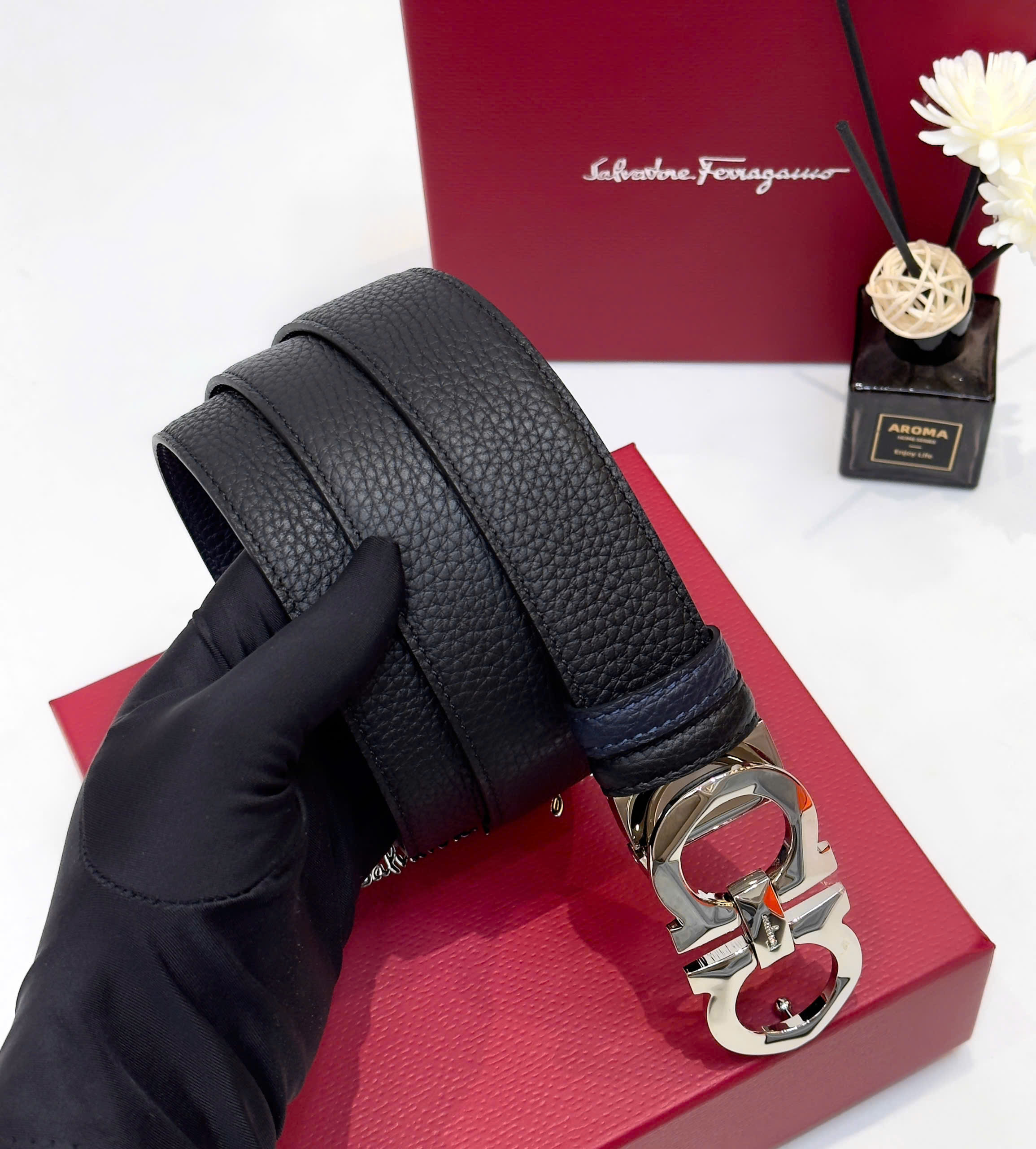 Thắt lưng, belt Salvato Đen logo mặt Bạc size 85-110cm Like Auth fullbox DDT